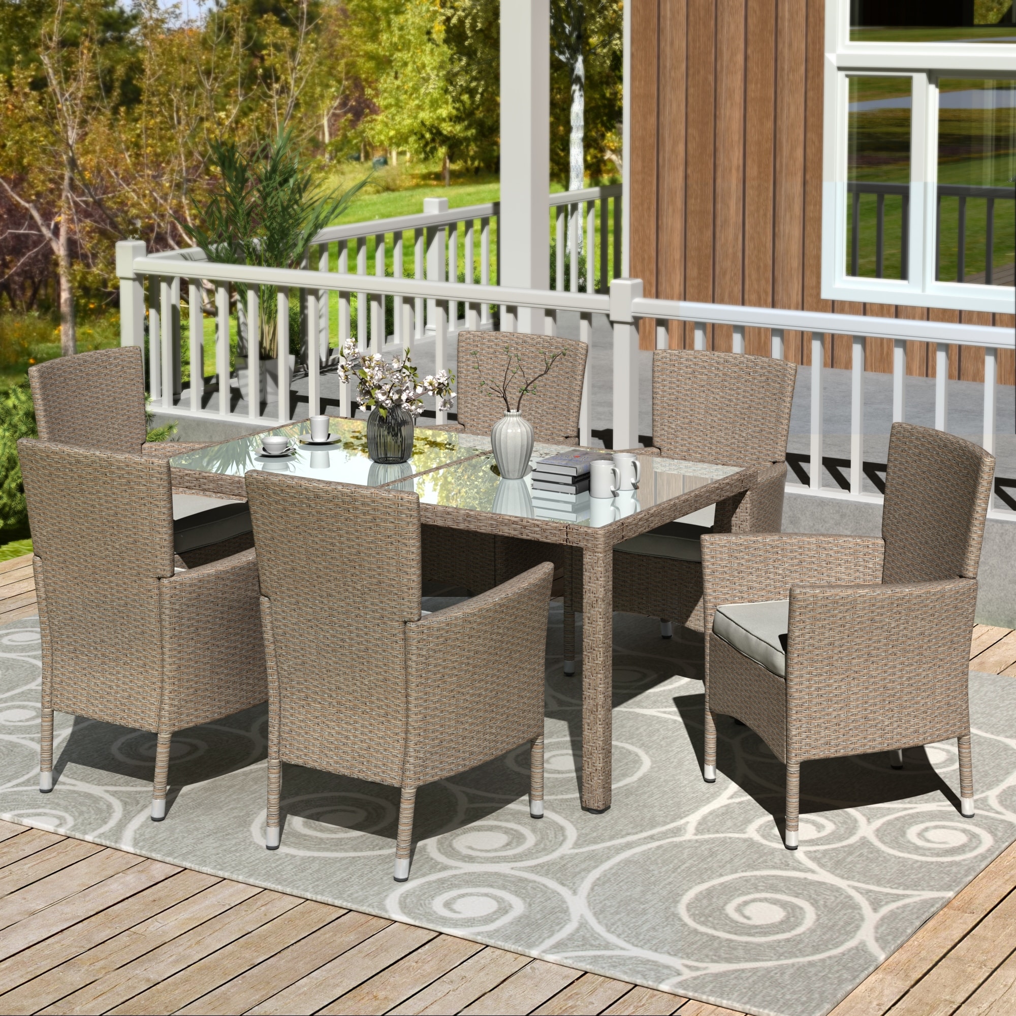 Outdoor Wicker 7 Piece Dining Set With Beige Cushions And Table