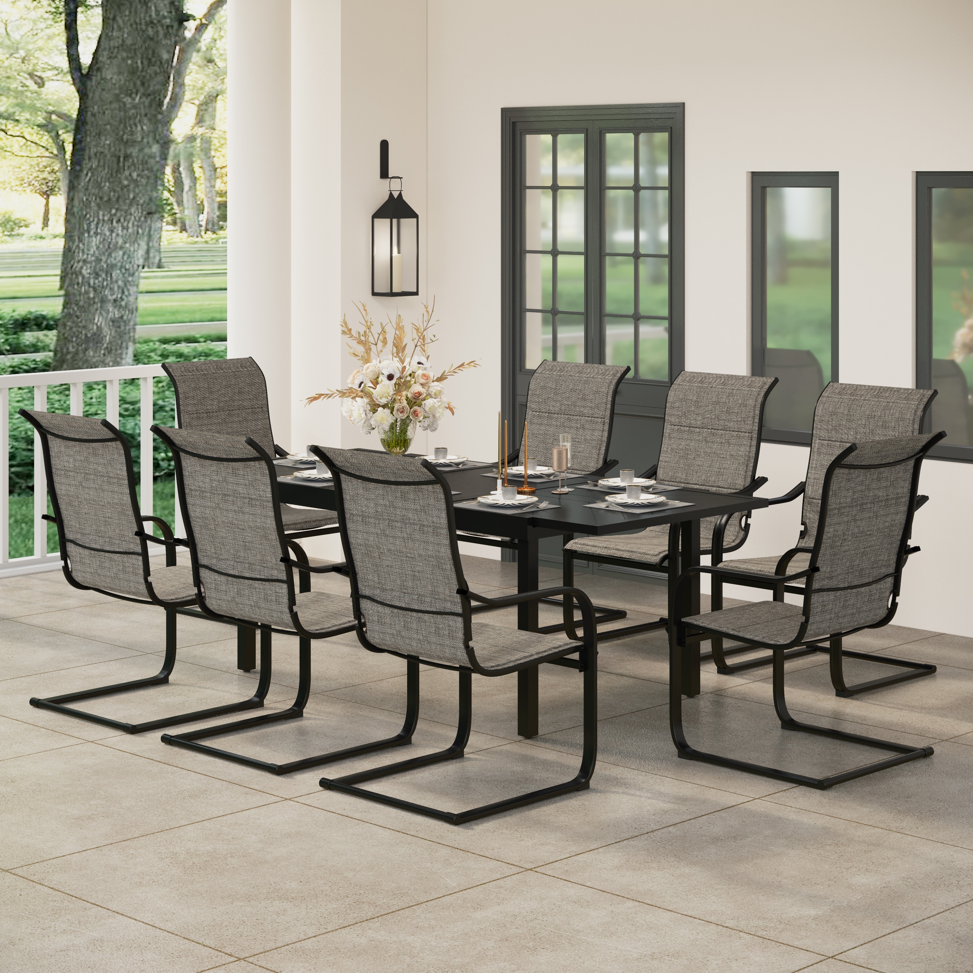 7/9-piece Patio Dining Set  Expendable Rectangular Outdoor Dining Table With C Spring Rocking Chairs
