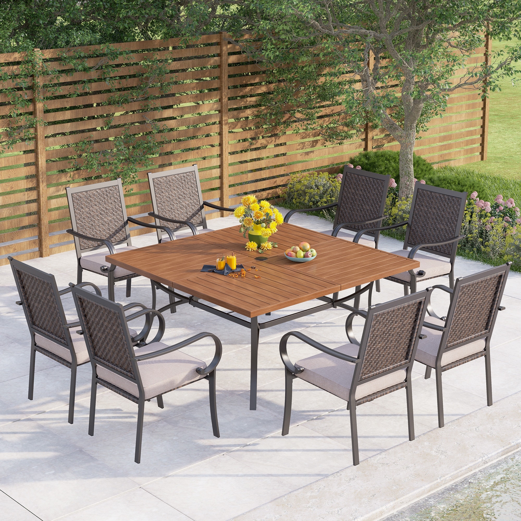 9-piece Patio Dining Set  60 Inch Square Metal Table And 8 Rattan Chairs With Cushions