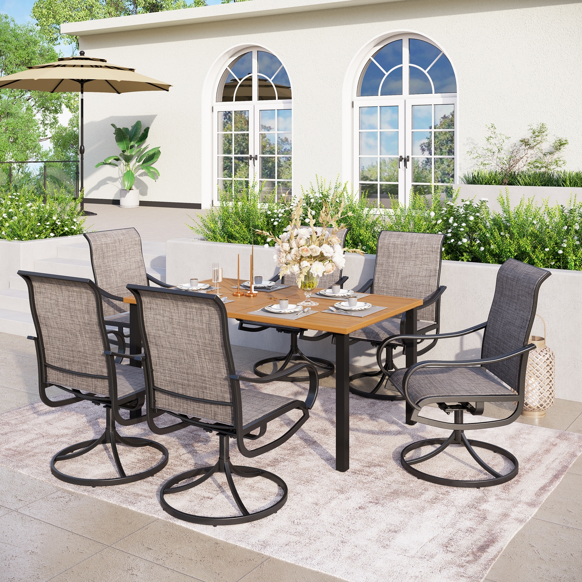 7-piece Patio Dining Set  6 Sling Patio Swivel Dining Chairs And 1 Metal Dining Table