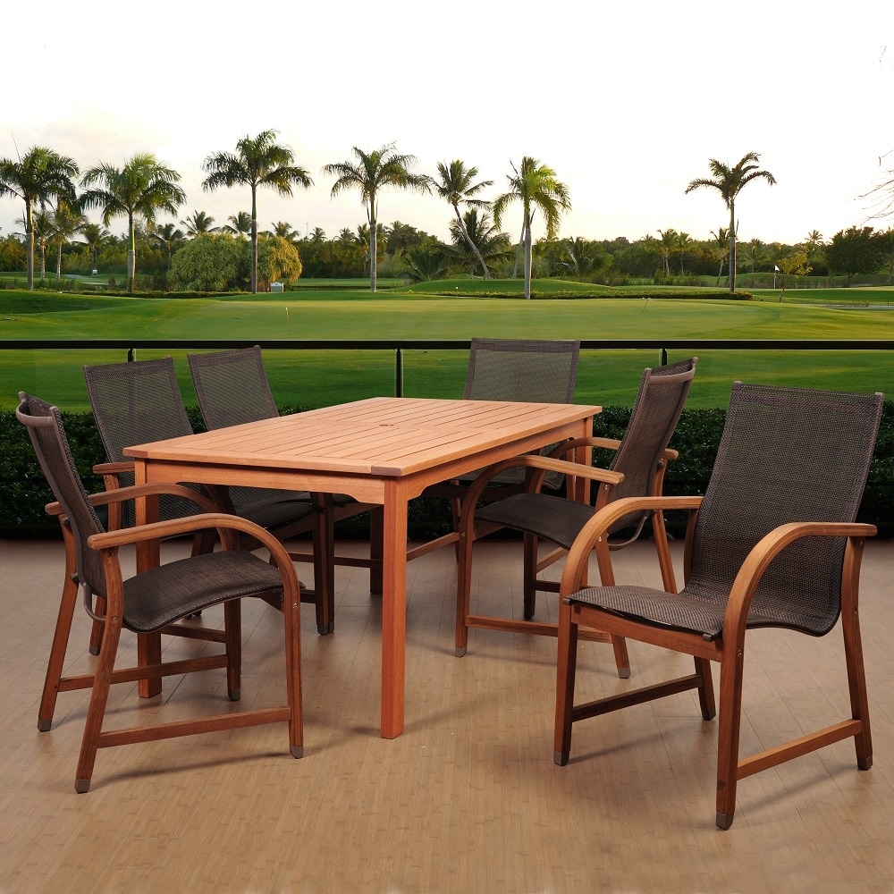Amazonia Bahamas 7-piece Patio Dining Set Eucalyptus Rectangular With Brown Sling Chair Outdoor Furniture