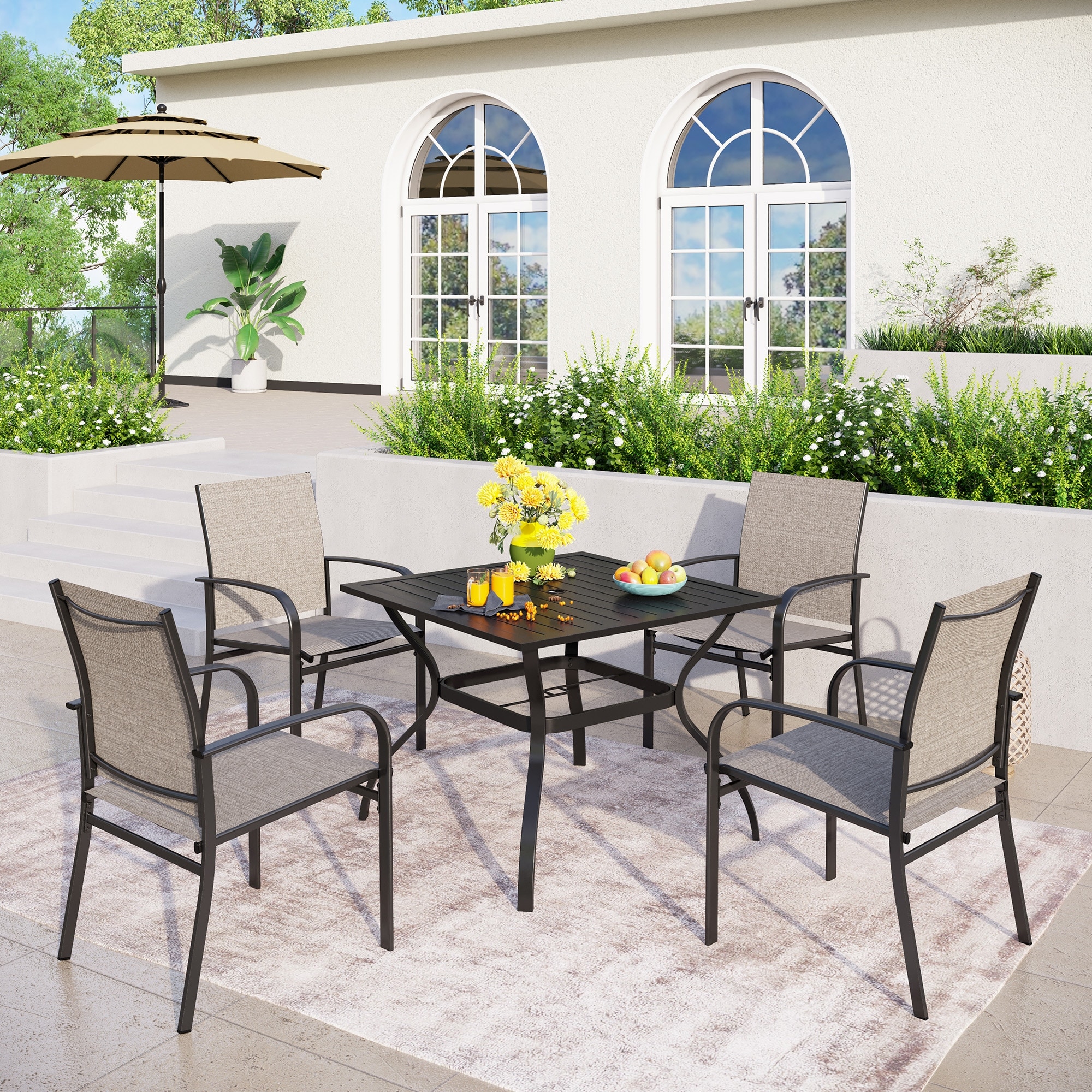 5-piece Patio Dining Set  37 Inch Square Metal Table And 4 Textilene Dining Chairs
