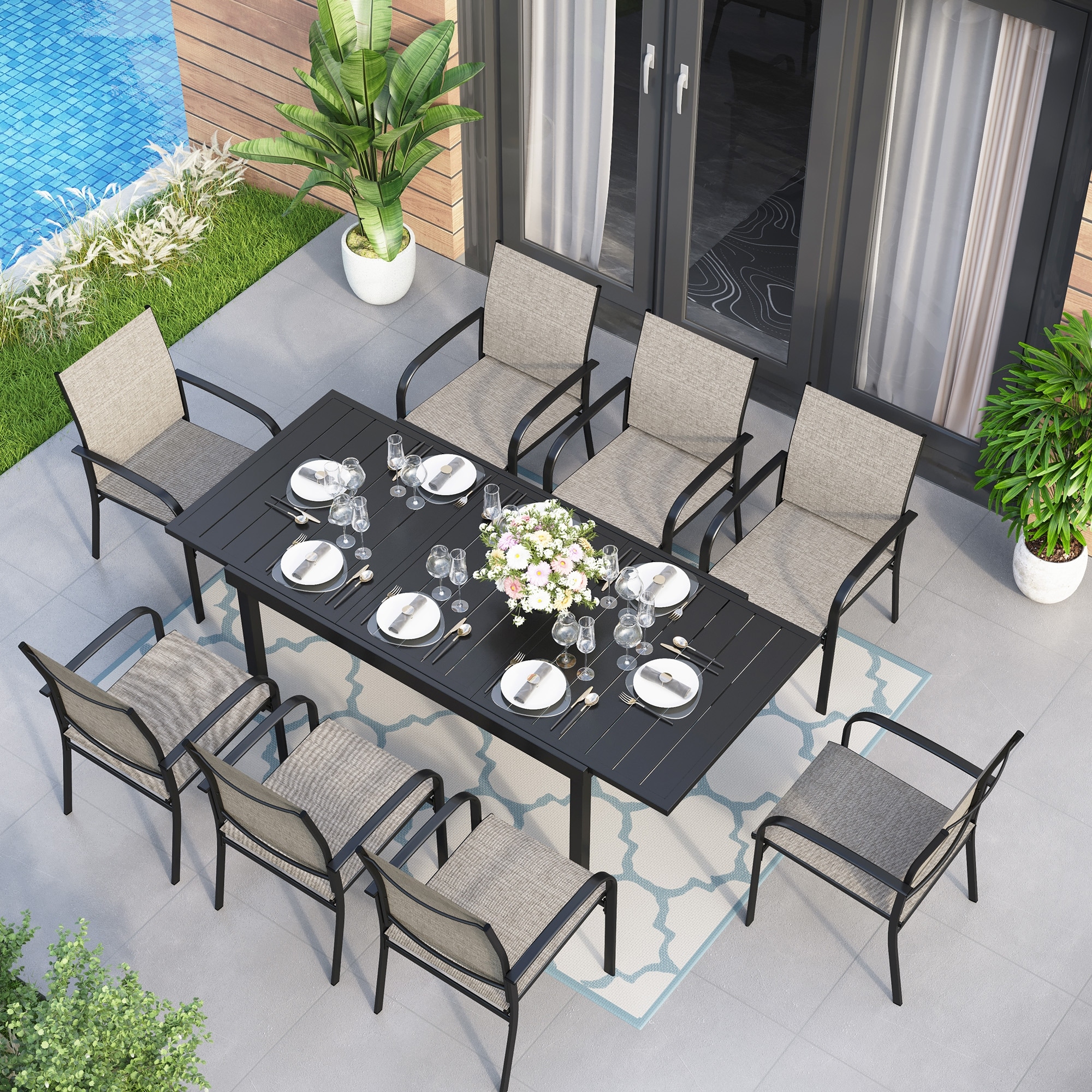 7/9-piece Patio Dining Set Metal Expandable Table And 6 Textilene Dining Chairs