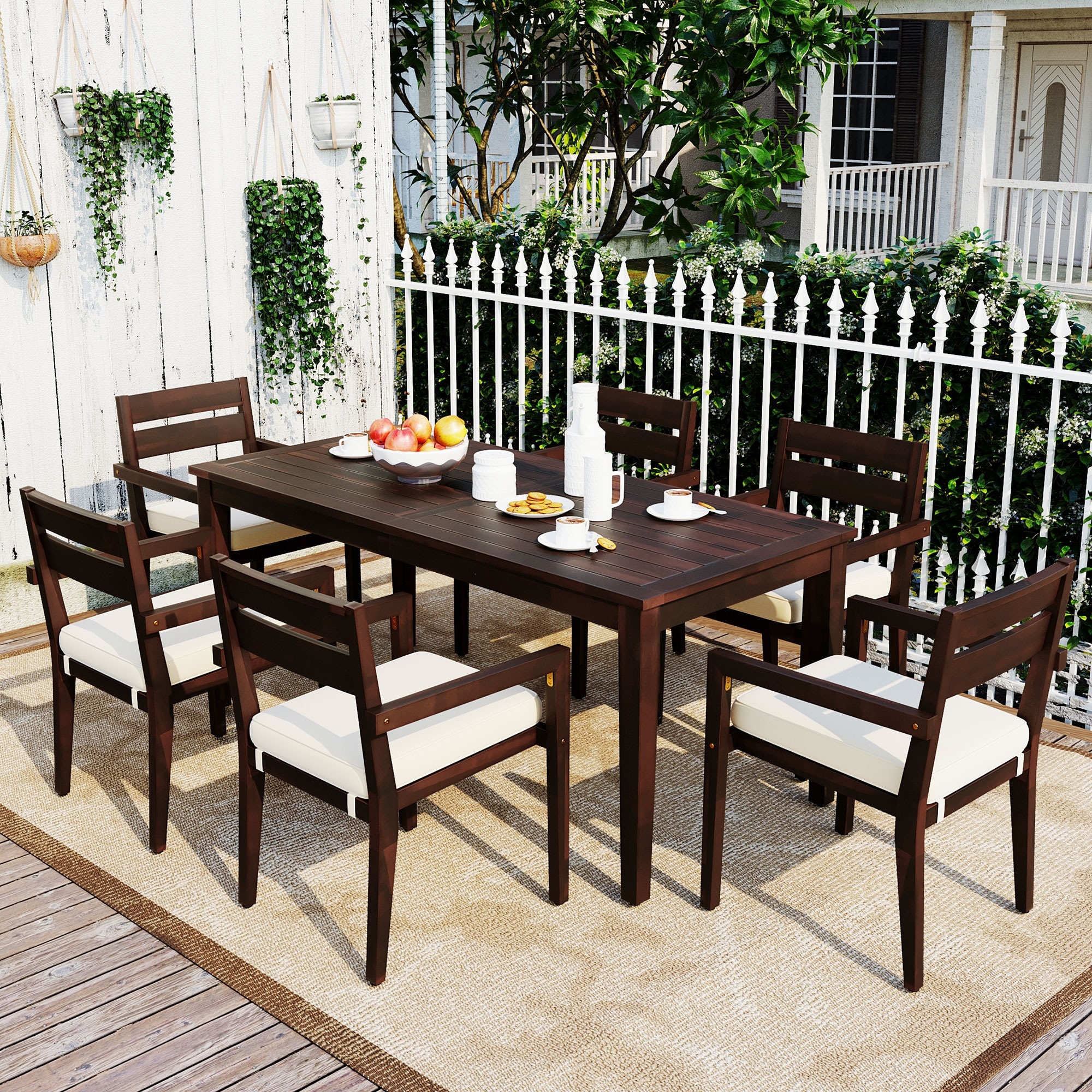 7 Piece Acacia Wood Outdoor Dining Set Suitable For Patio Or Backyard