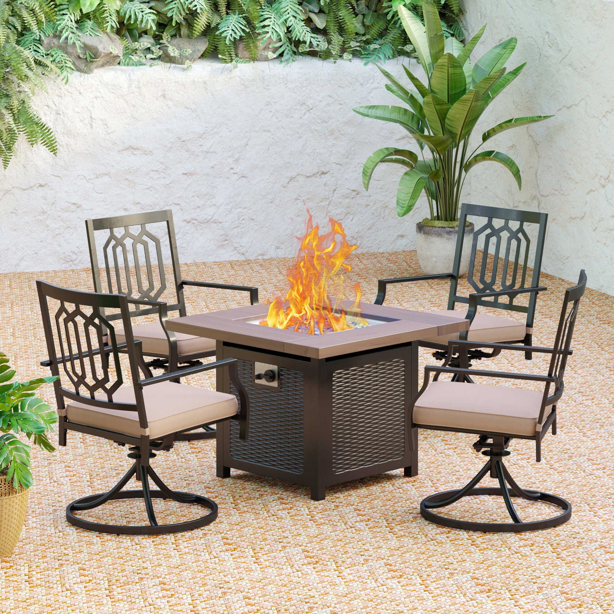 5-piece Gas Fire Pit Table Outdoor Dining Set Steel Swivel Chairs With Cushion and Metal/wood-look Square Gas Fire Pit Table