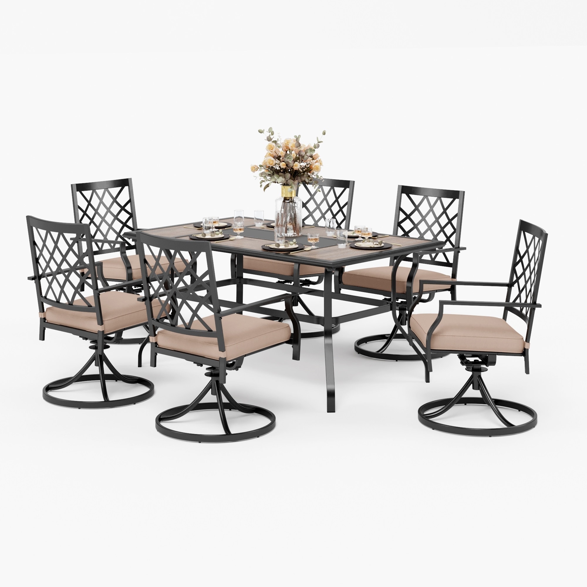 Outdoor Patio Dining Set 7 Pieces Metal Furniture Set  6 X Swivel Chairs With 1 Rectangular Umbrella Wood Like Table