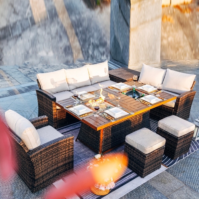 Moda 7-piece Patio Conversational Sofa Set With Gas Fire Pit And Ice Bucket Rectangle Dining Table