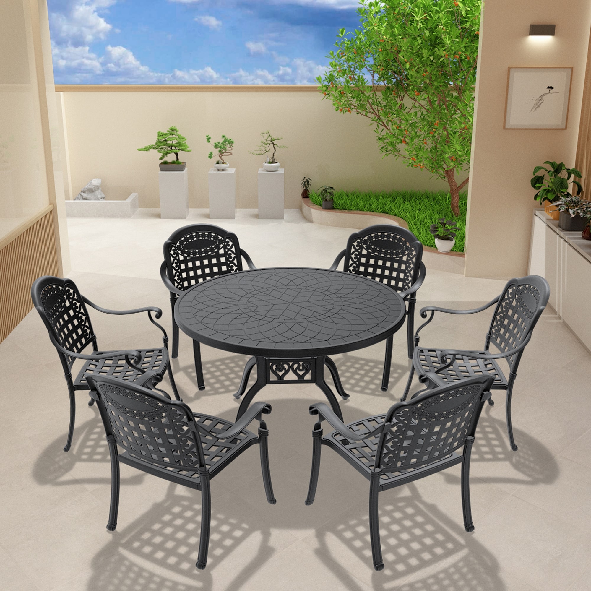 Floral Patterns Carved Patio Furniture Set  Aluminum Construction Outdoor Dining Set With 7 Cushion Chairs  For Porch  Backyard
