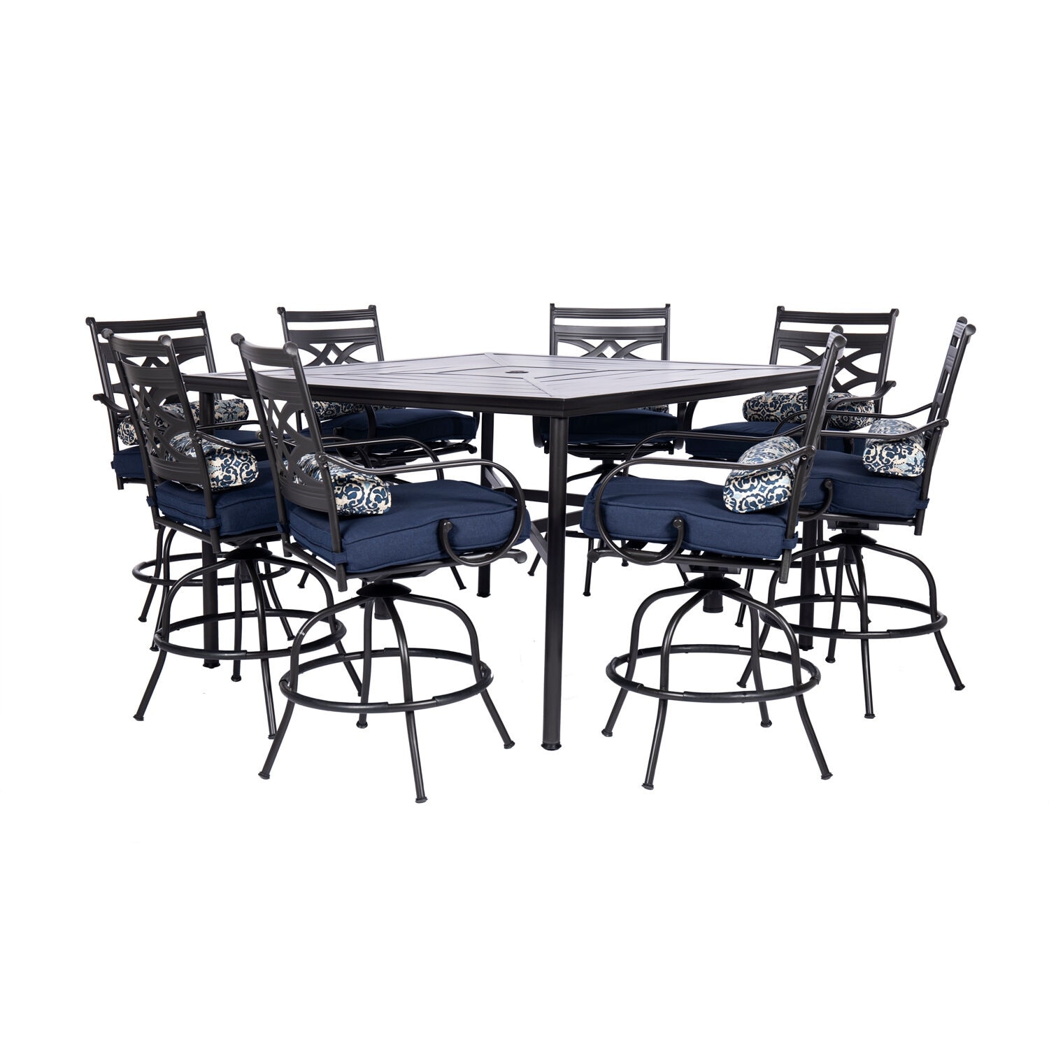 Hanover Montclair 9-piece High-dining Set In Navy Blue With 8 Counter-height Swivel Chairs And 60-inch Square Table