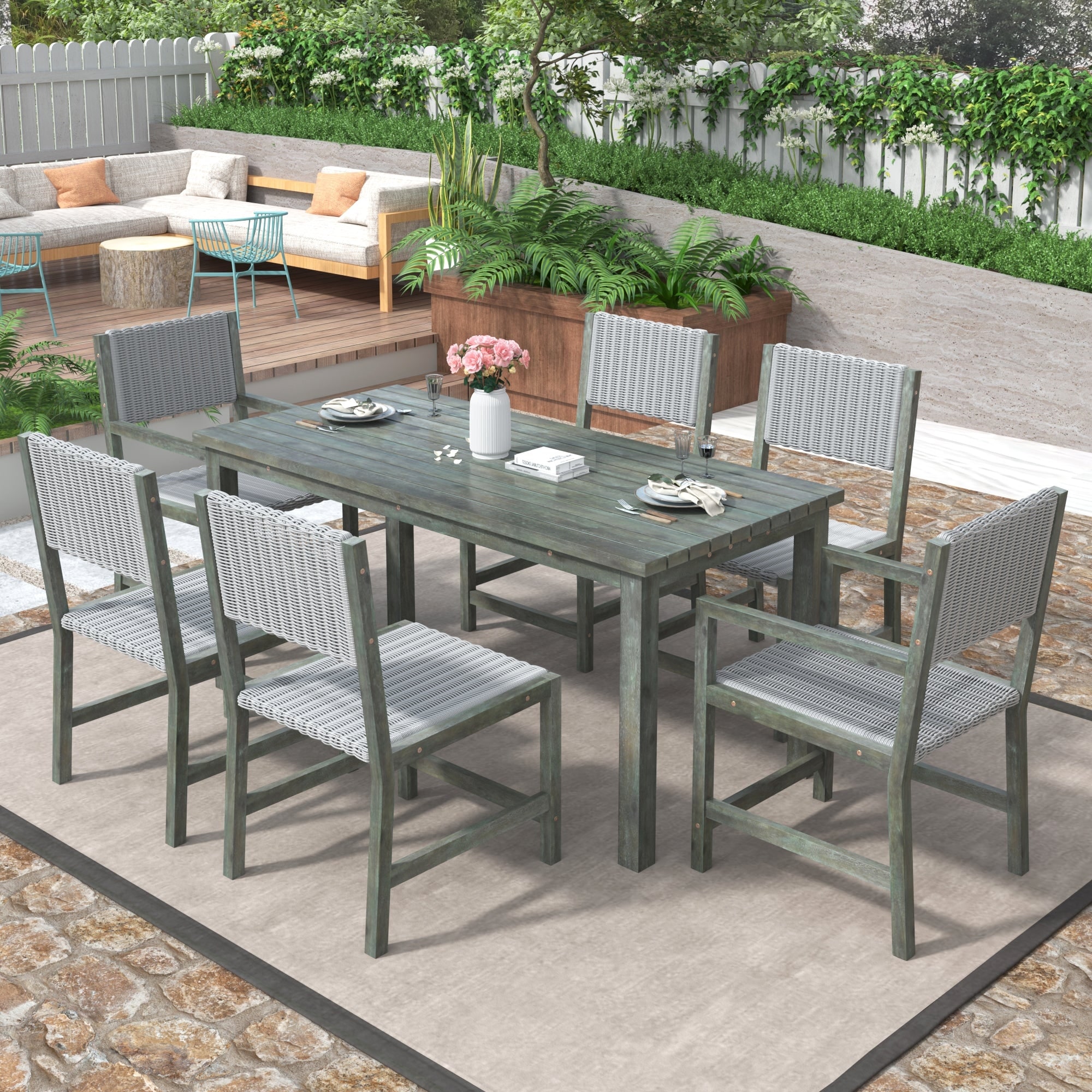 Patio Outdoor Wood Rattan Dining Set With Chairs For 6 People