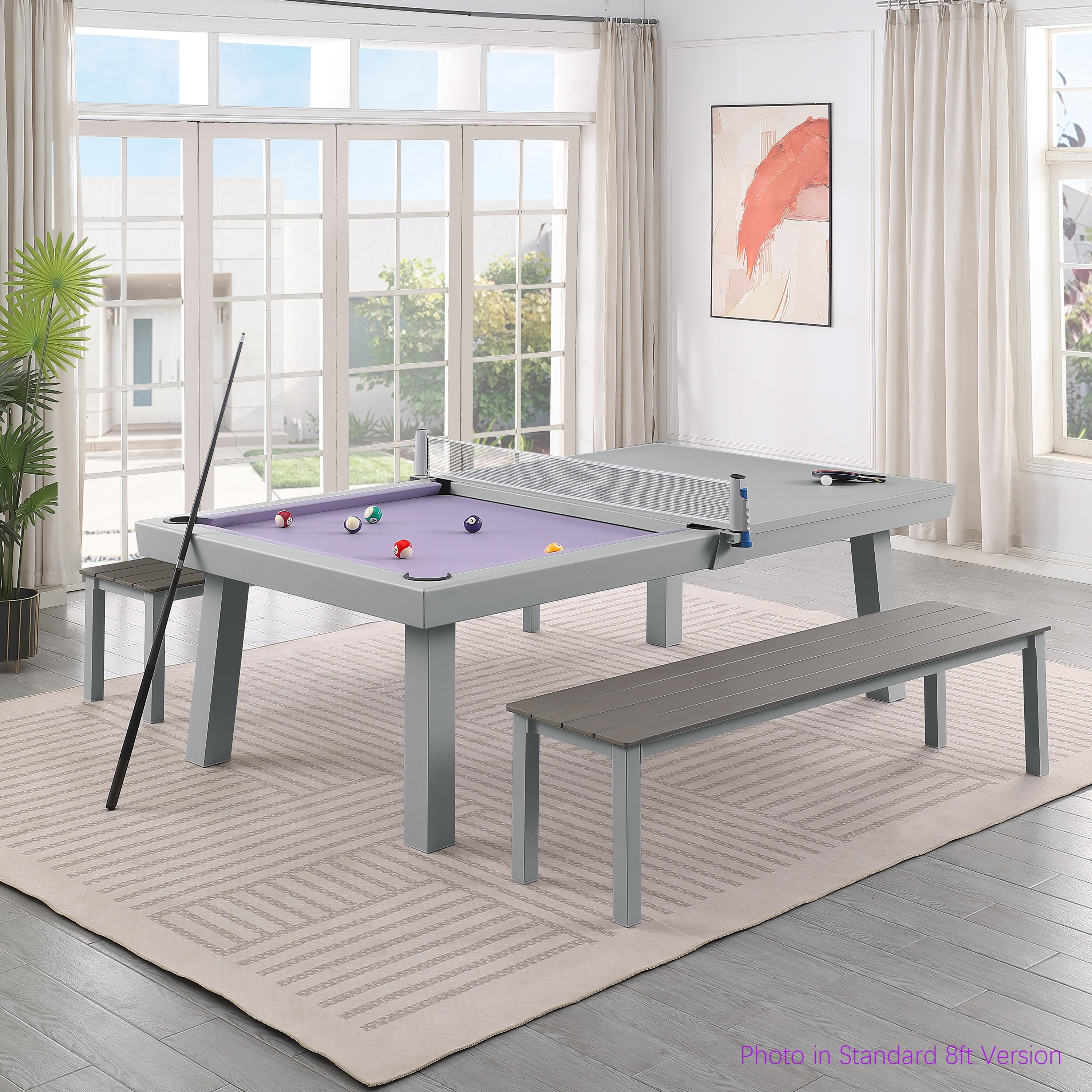 Newport Outdoor Patio 7ft Slate Pool Table Dining Set With 2 Benches and Accessories  Cement Finish