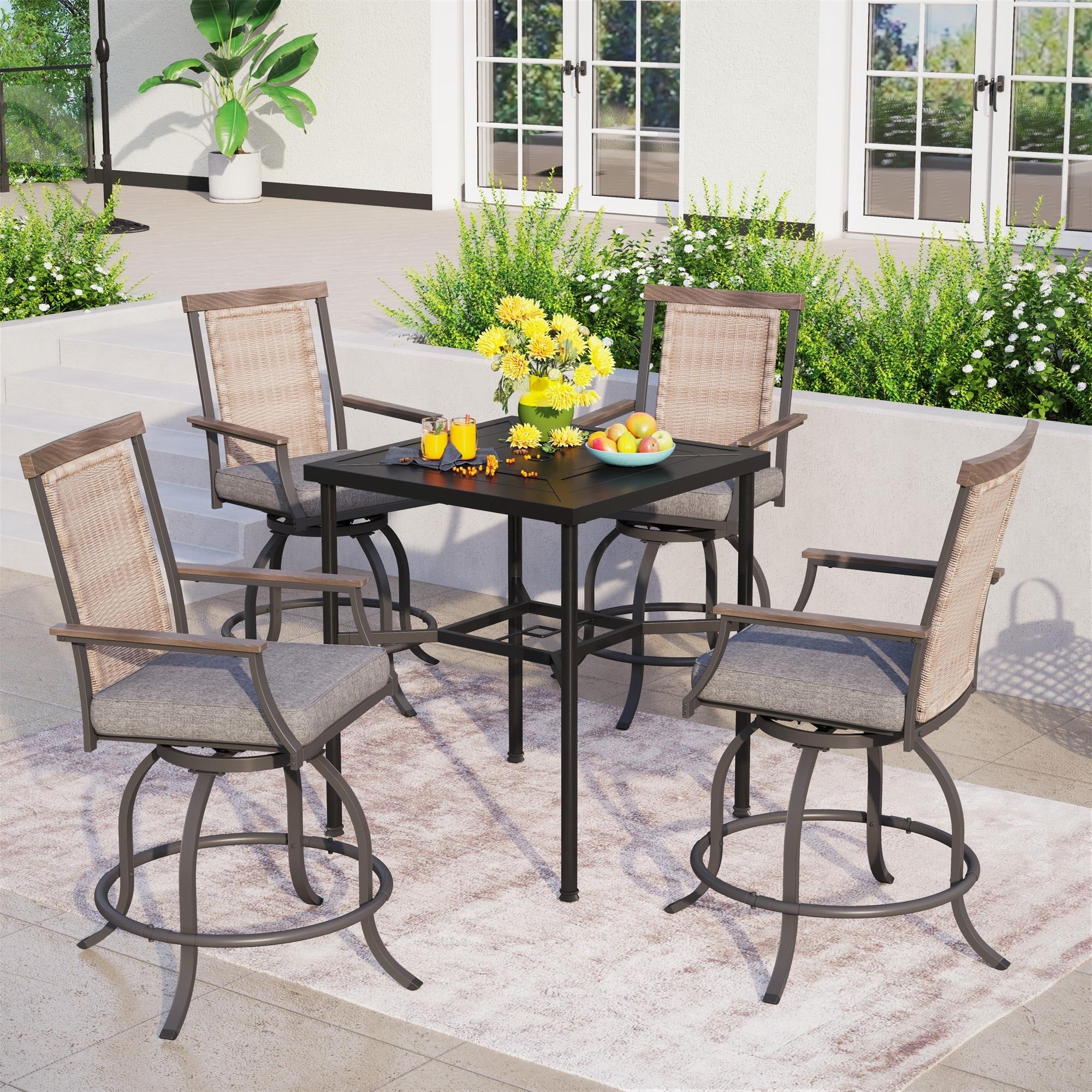 Patio Bar Stool Set Rattan Chair Back Cushioned High Bar Stool and Geometrically Stamped High Table
