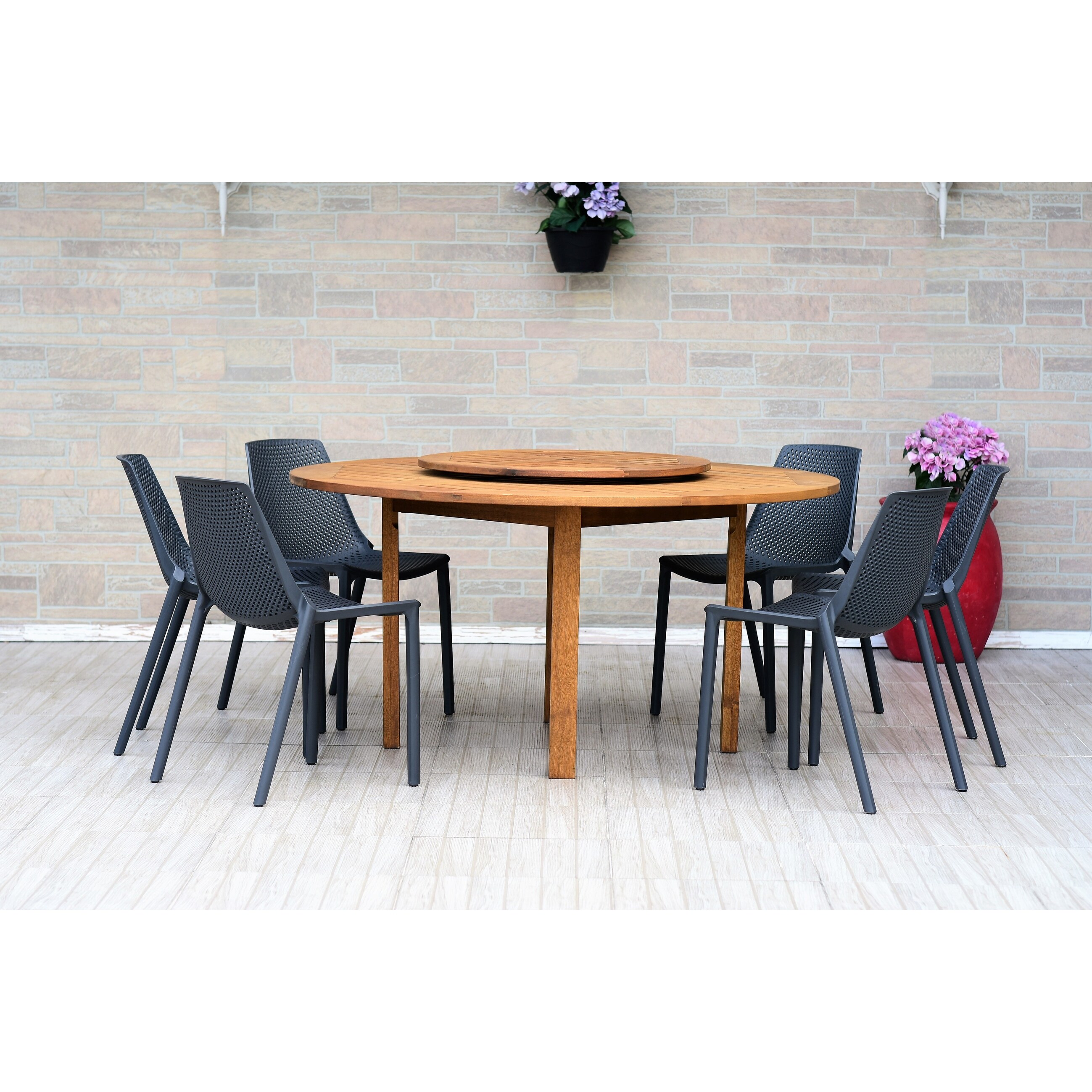 7-piece Wood Lazy Susan Dining Set With Plastic Chairs