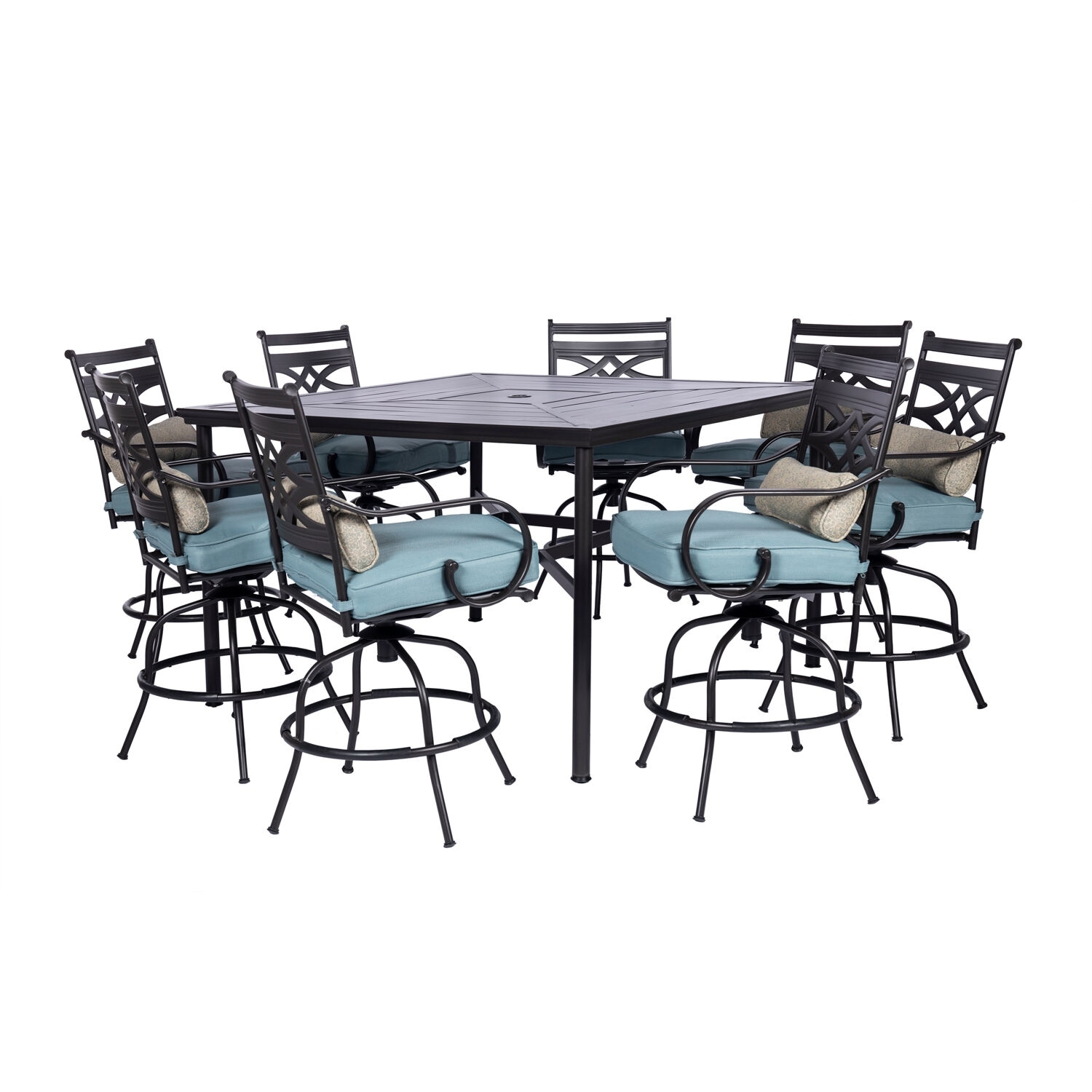 Hanover Montclair 9-piece High-dining Set In Ocean Blue With 8 Counter-height Swivel Chairs And 60-inch Square Table