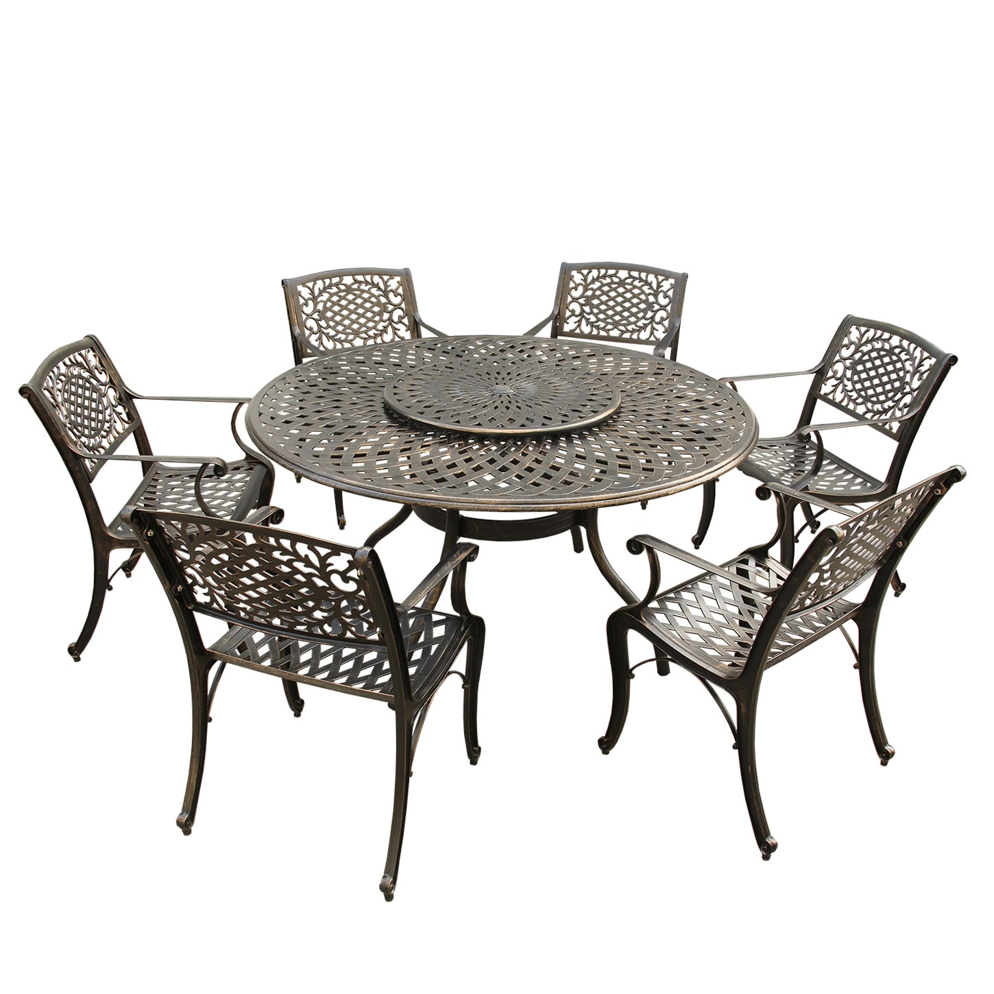 Outdoor Lattice 59-in. Round Dining Set With Lazy Susan And Six Chairs