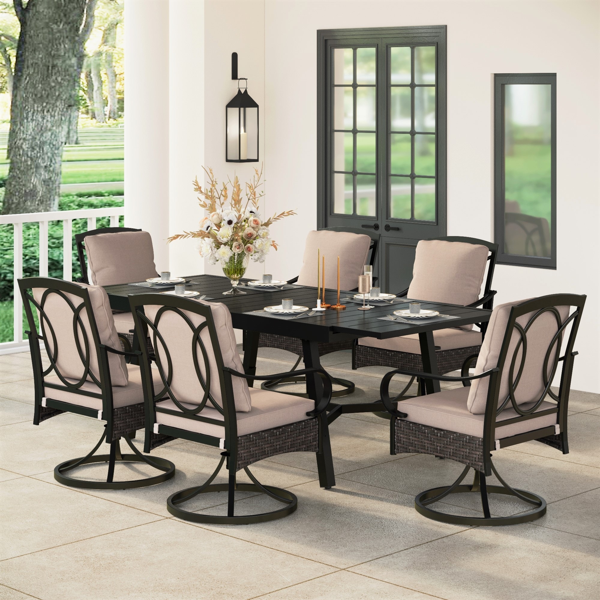 9/7-piece Patio Dining Set With 8/6 Rattan Swivel Chairs And A Expandable Dining Table