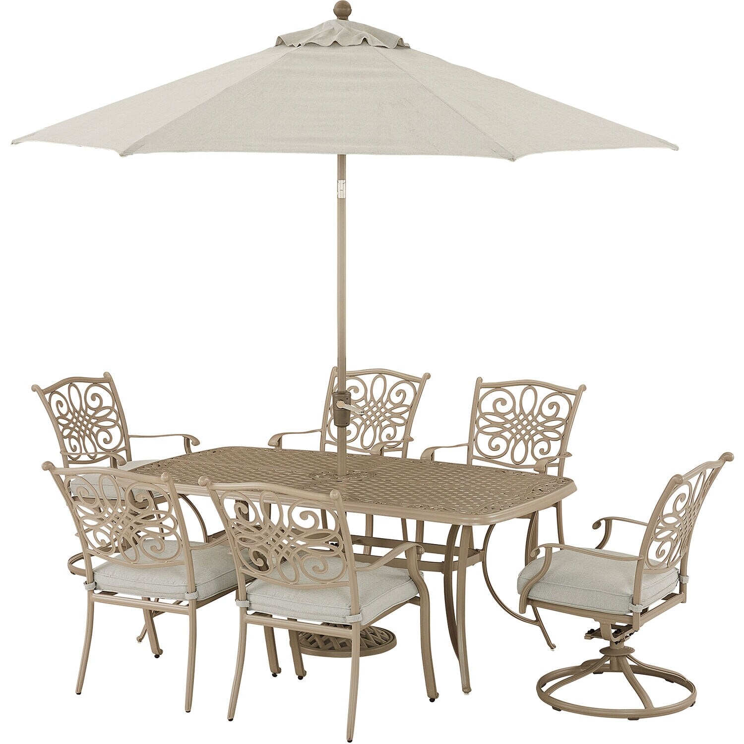 Hanover Traditions 7-piece Set With 4 Dining Chairs  2 Swivel Rockers  38-in. X 72-in. Table  9-ft. Umbrella  And Stand  Sand