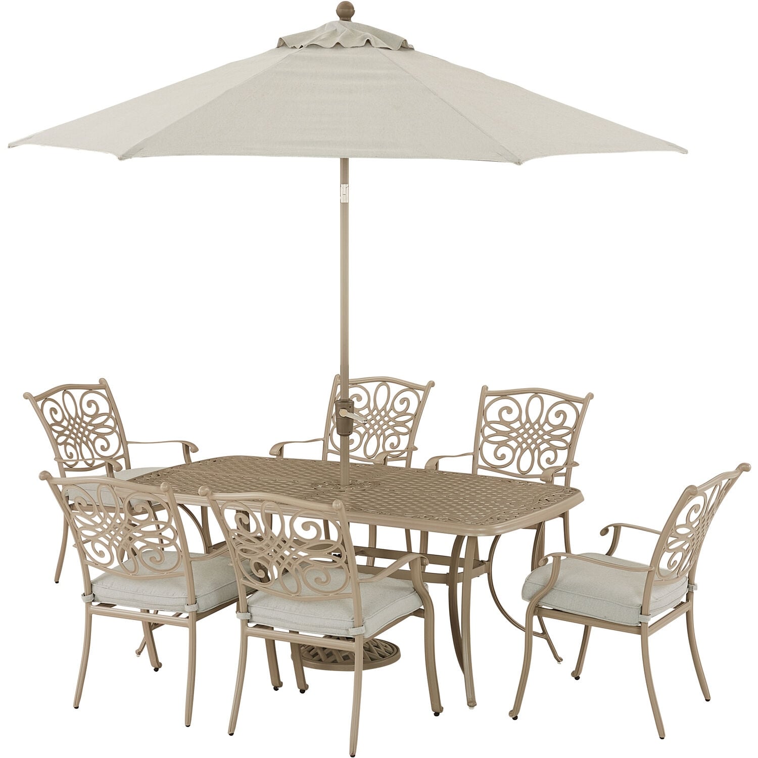 Hanover Traditions 7-piece Dining Set With 6 Stationary Chairs  38-in. X 72-in. Table  9-ft. Umbrella  And Stand  Sand Finish