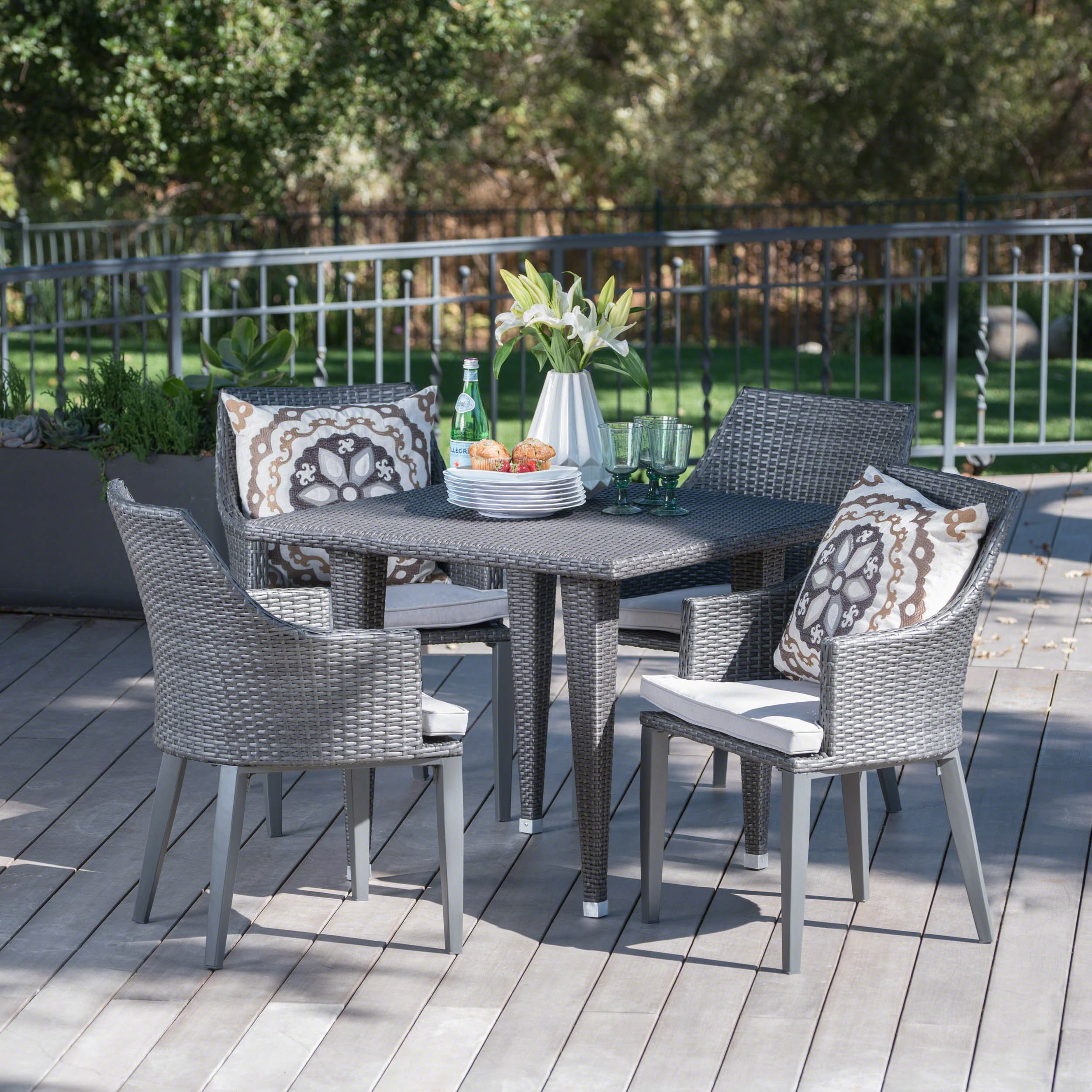 Lenox Outdoor 5-piece Square Wicker Dining Set With Cushions By Christopher Knight Home