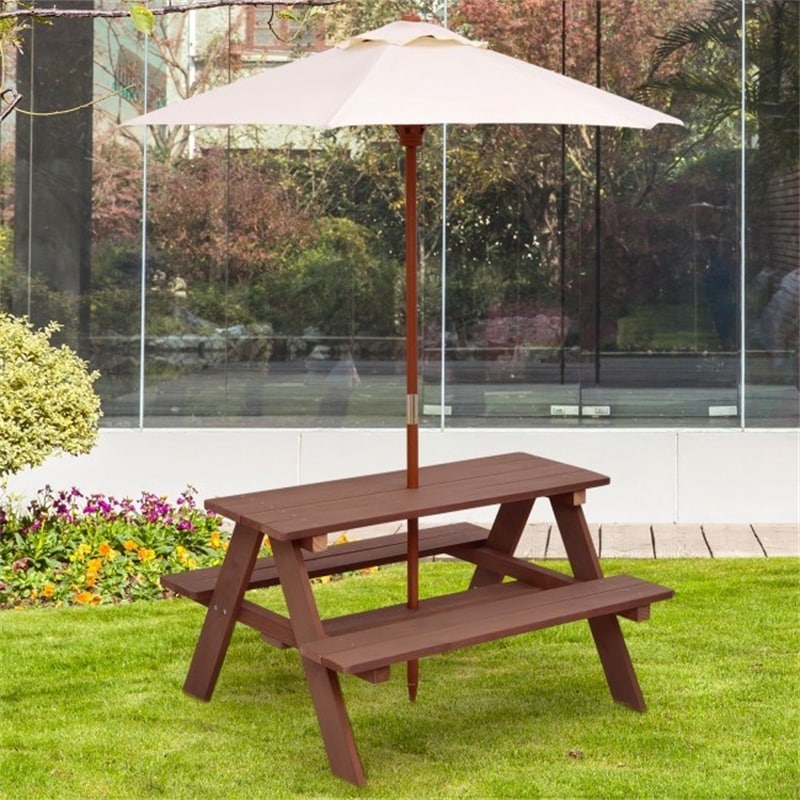 Outdoor 4-seat Kids Picnic Table Bench With Umbrella