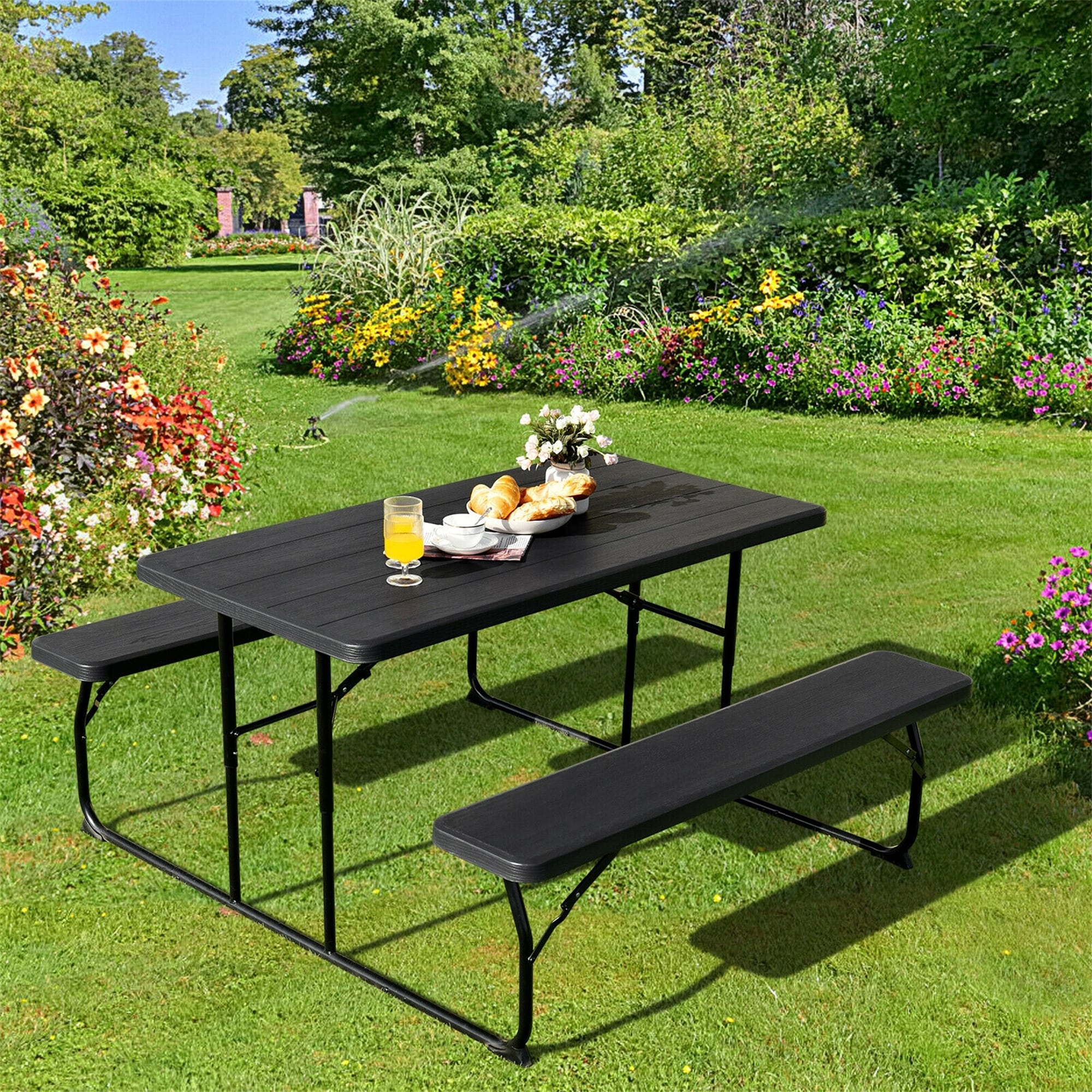 Indoor and Outdoor Folding Picnic Table Bench Set With Wood-like Texture