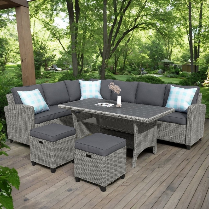 5 Piece Outdoor Dining Table Chair Set With Ottoman And Throw Pillows