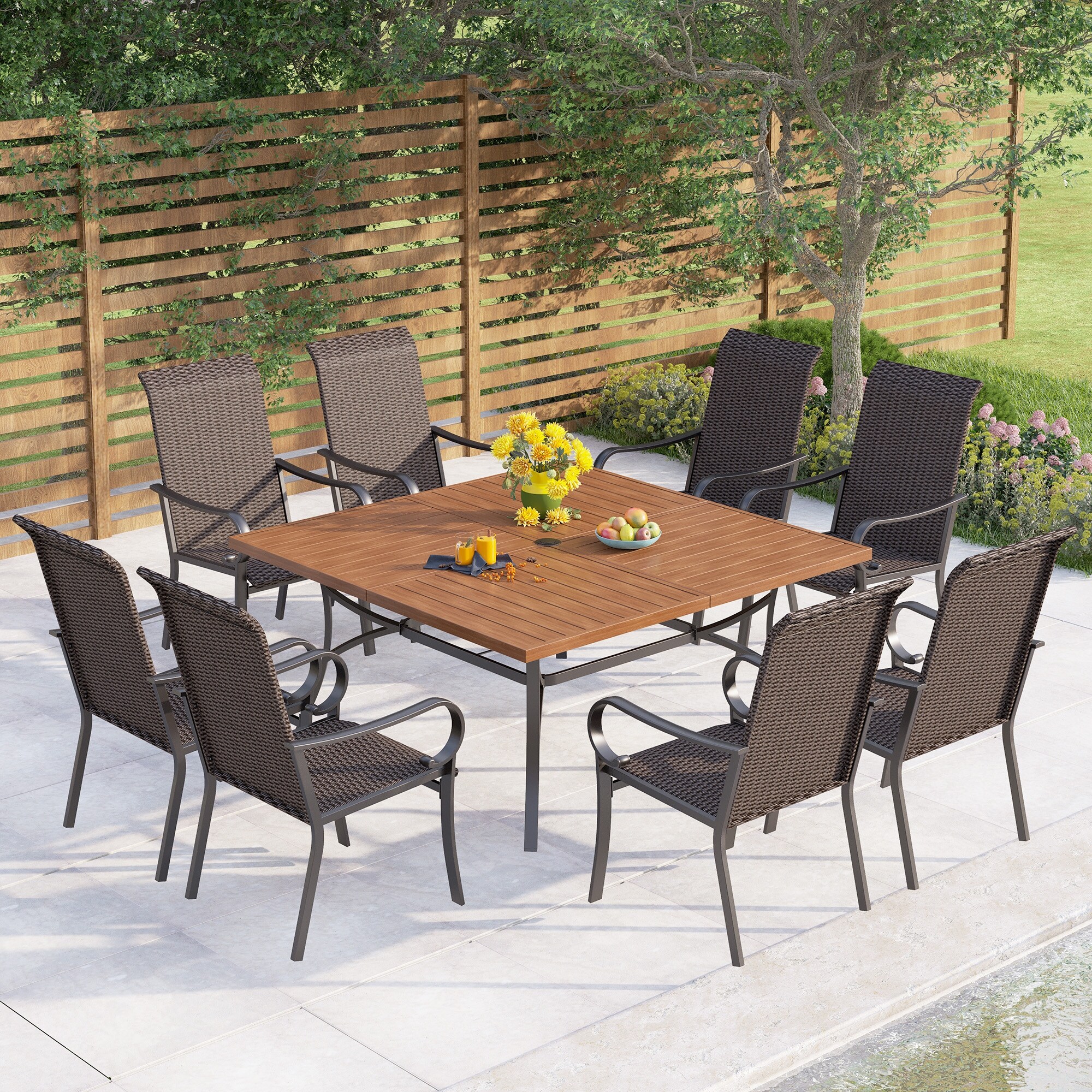 9-piece Patio Dining Set  60 Inch Square Metal Table And 8 Rattan Dining Chairs