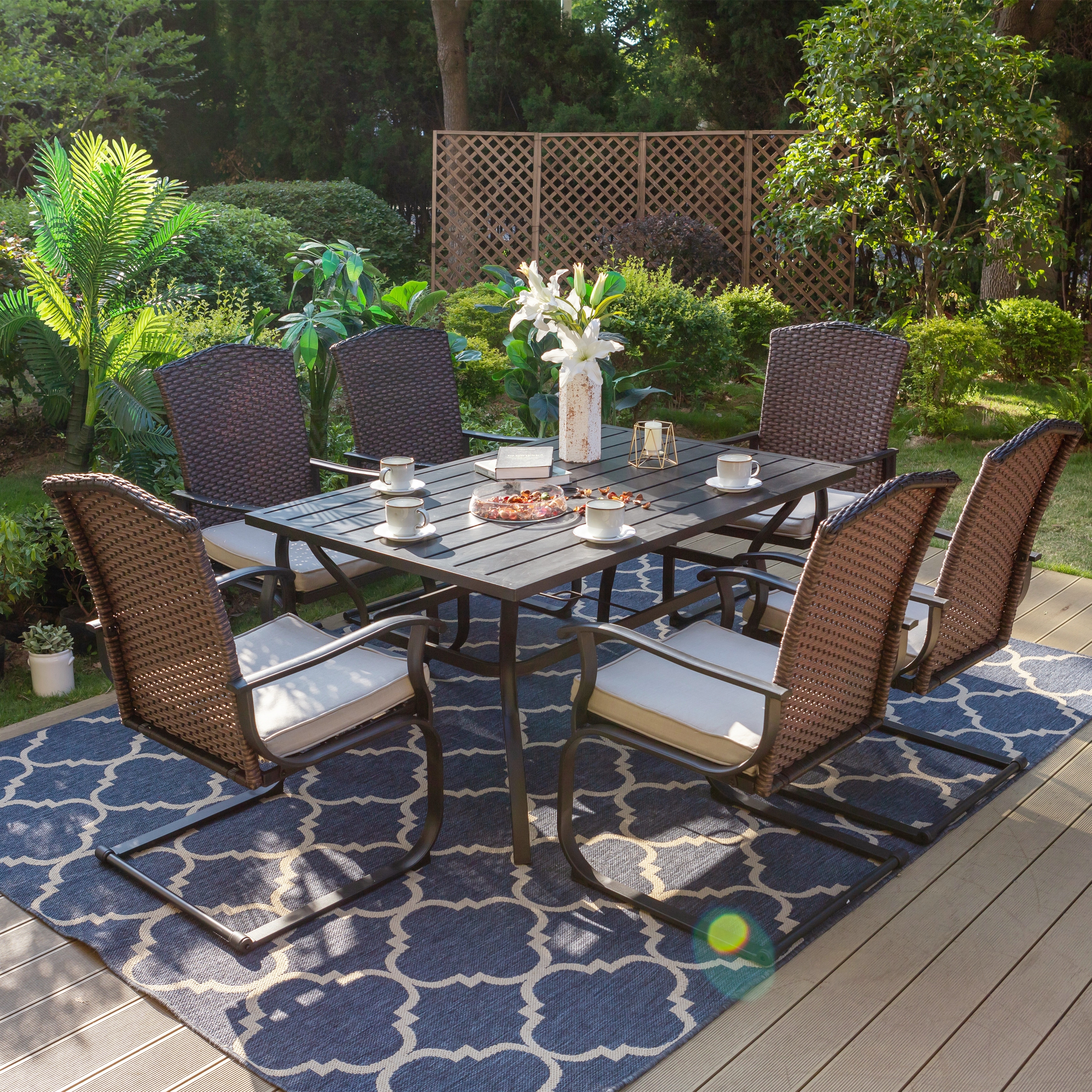 7-piece Patio Dining Set   6 Rattan Wicker Armrest Swivel Chairs With Cushion And 1 Metal Table With 1.57  Umbrella Hole