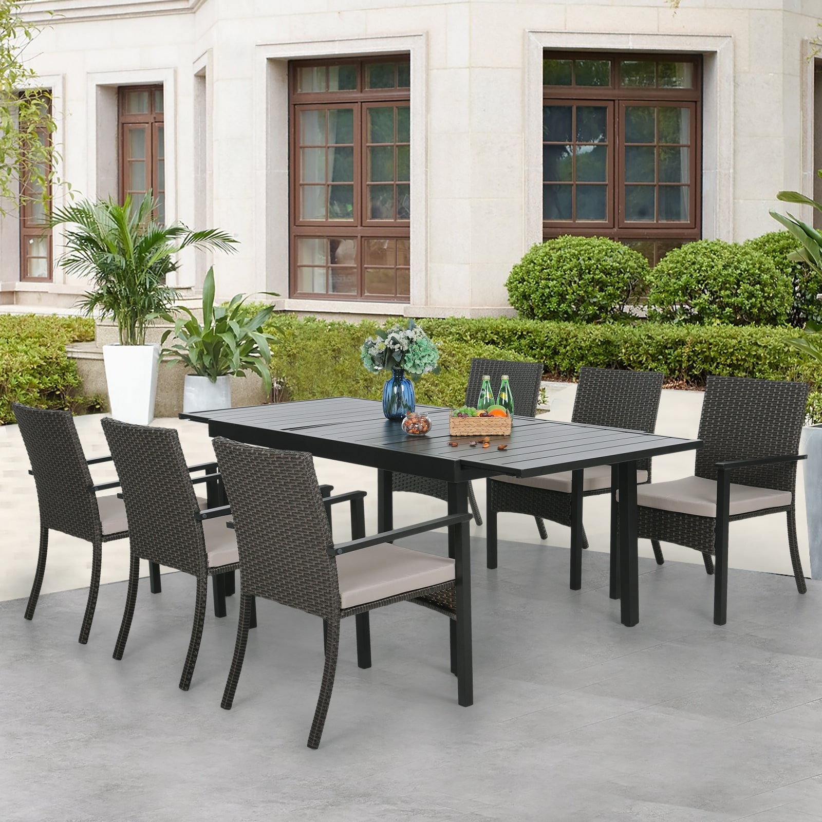 7/9 Patio Dining Set  Expendable Rectangular Outdoor Dining Table With Rattan Chairs