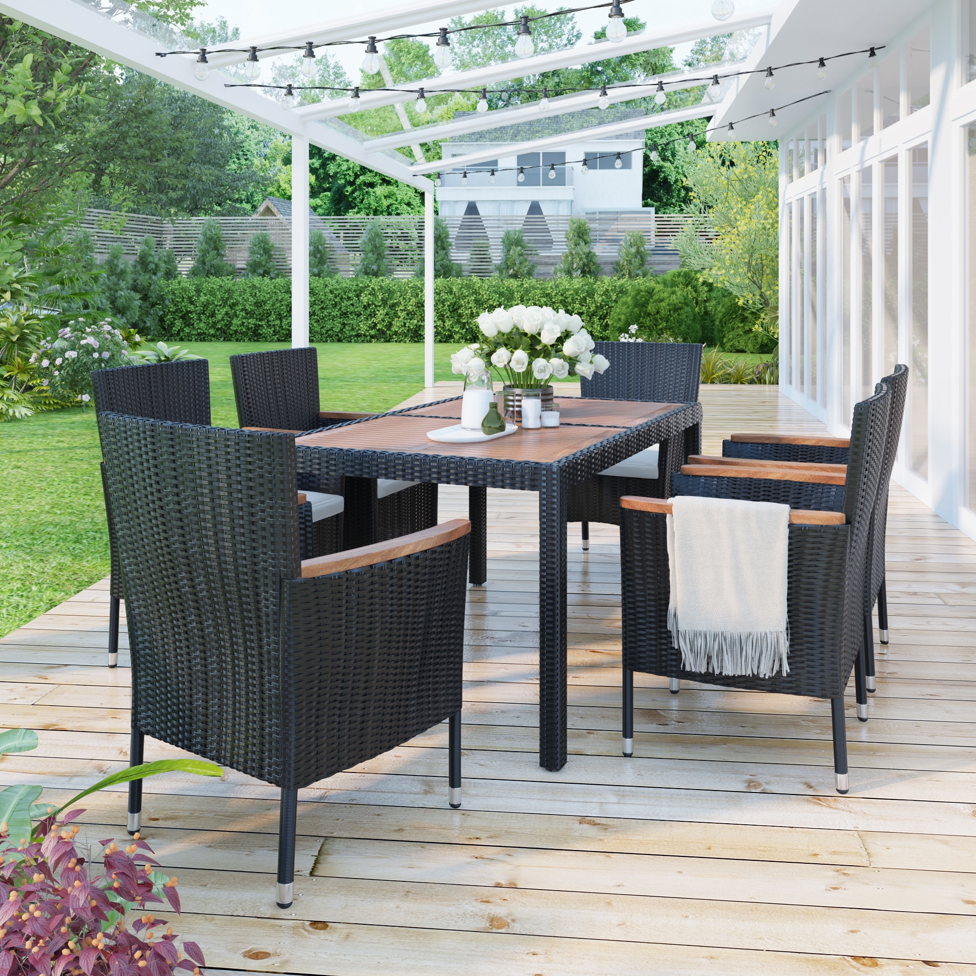 7-piece Outdoor Patio Dining Set Garden Pe Rattan Table And Chairs Set Wood Tabletop Stackable Armrest Chairs With Cushions