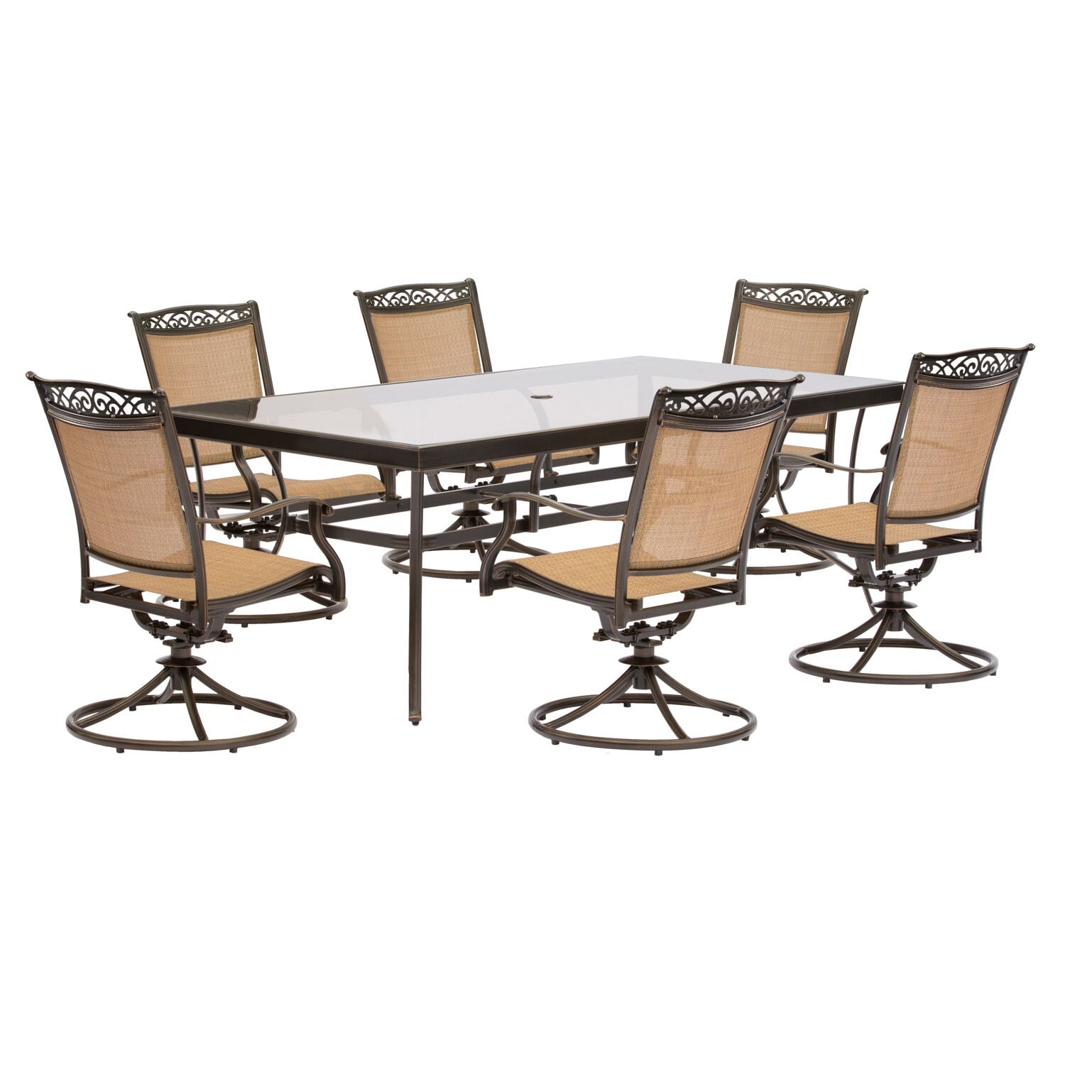 Hanover Fontana 7-piece Dining Set With Six Sling Swivel Rockers And An Extra Large Glass-top Dining Table