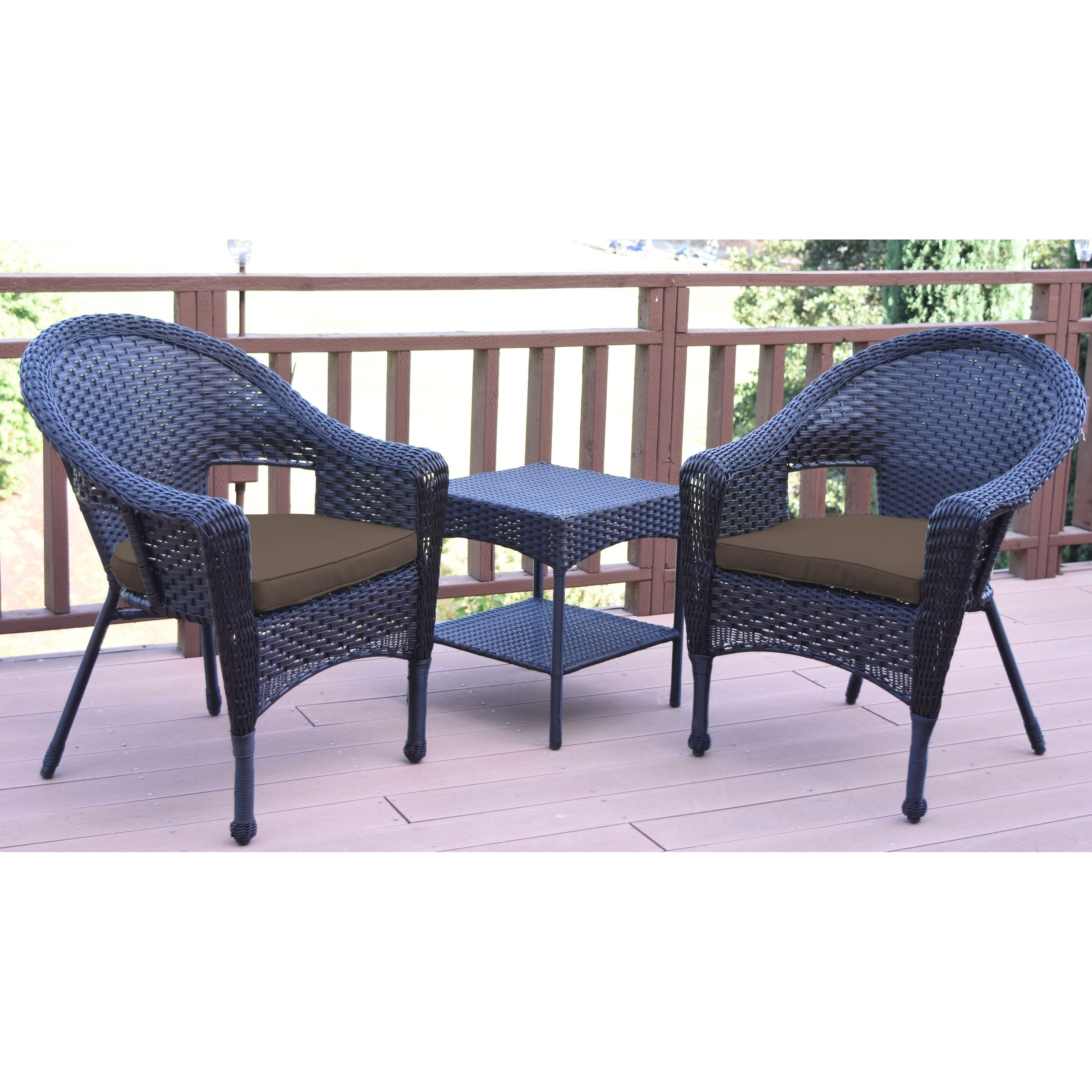 Set Of 3 Espresso Resin Wicker Clark Single Chair With 2 Inch Brown Cushion And End Table