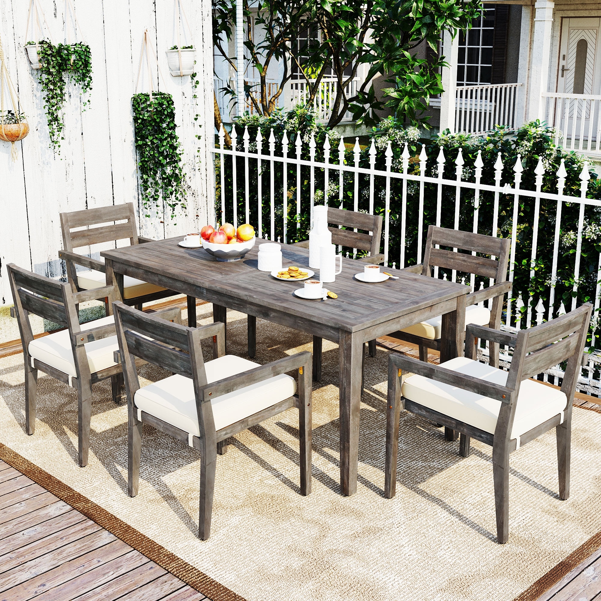 7-piece Outdoor Rectangular Wood Dining Table Set With 6 Chairs