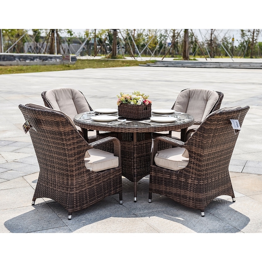 Moda 5-piece Patio Wicker Round Dining Table Set With Cushions
