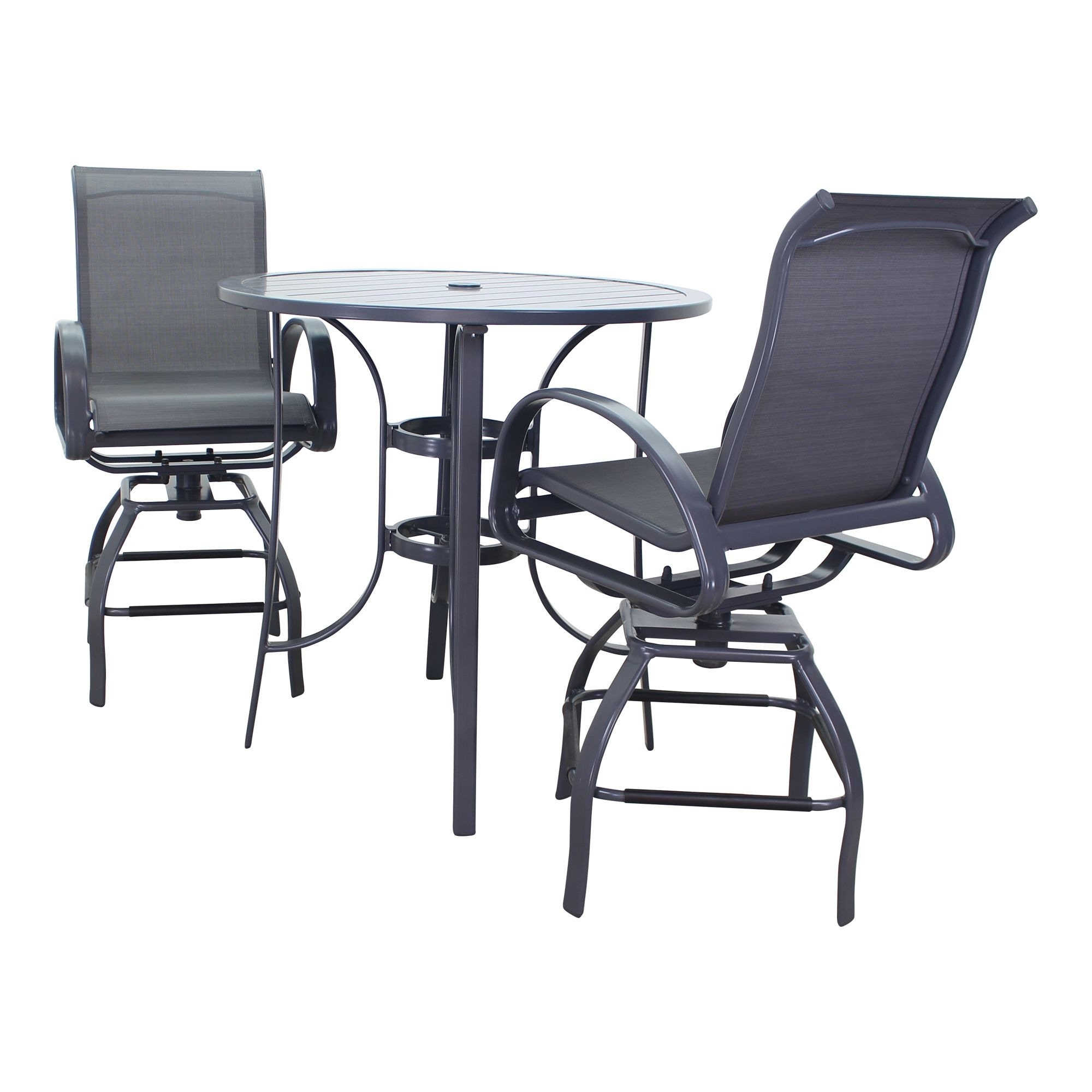 Courtyard Casual Santa Fe Dark Gray 3 Piece Balcony Height 36 Round Dining Set With 1 Table And 2 Swivel Stools