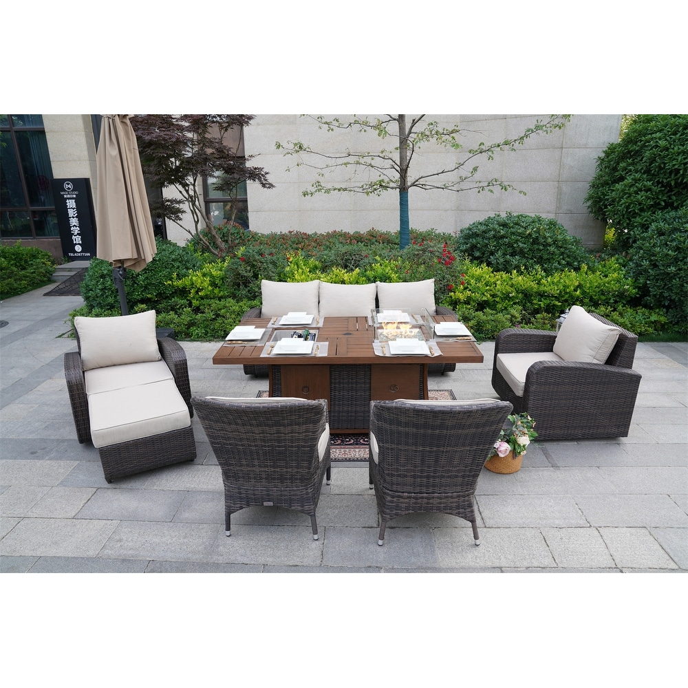 Brown Garden Patio Rectangular Sofa And Dining Set With Gas Firepit And Ice Bucket And Ottomans