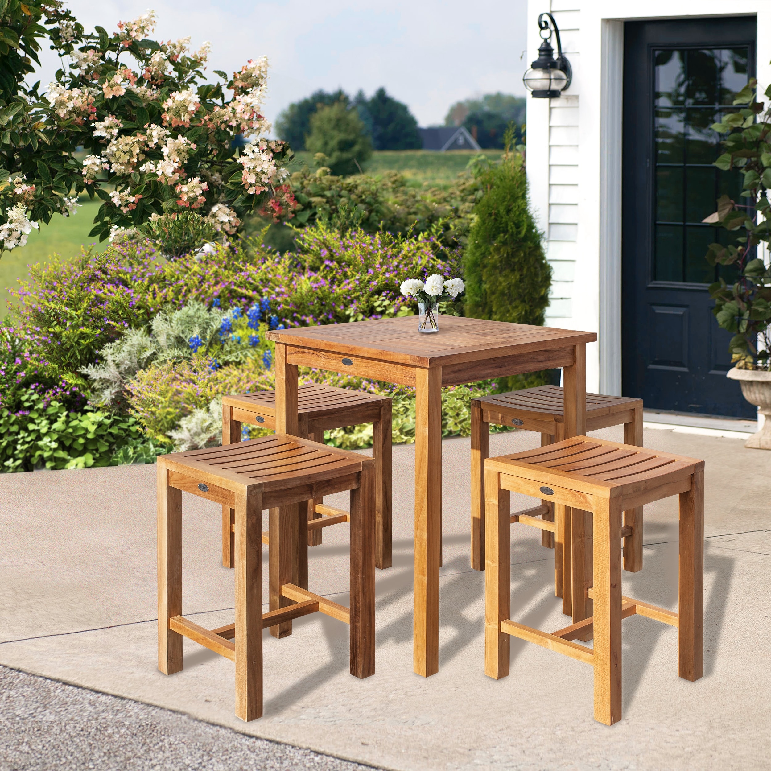 Chic Teak 5 Piece Teak Wood Seville Small Counter Height Patio Bistro Dining Set  4 Counters Stools And 27 Square Table