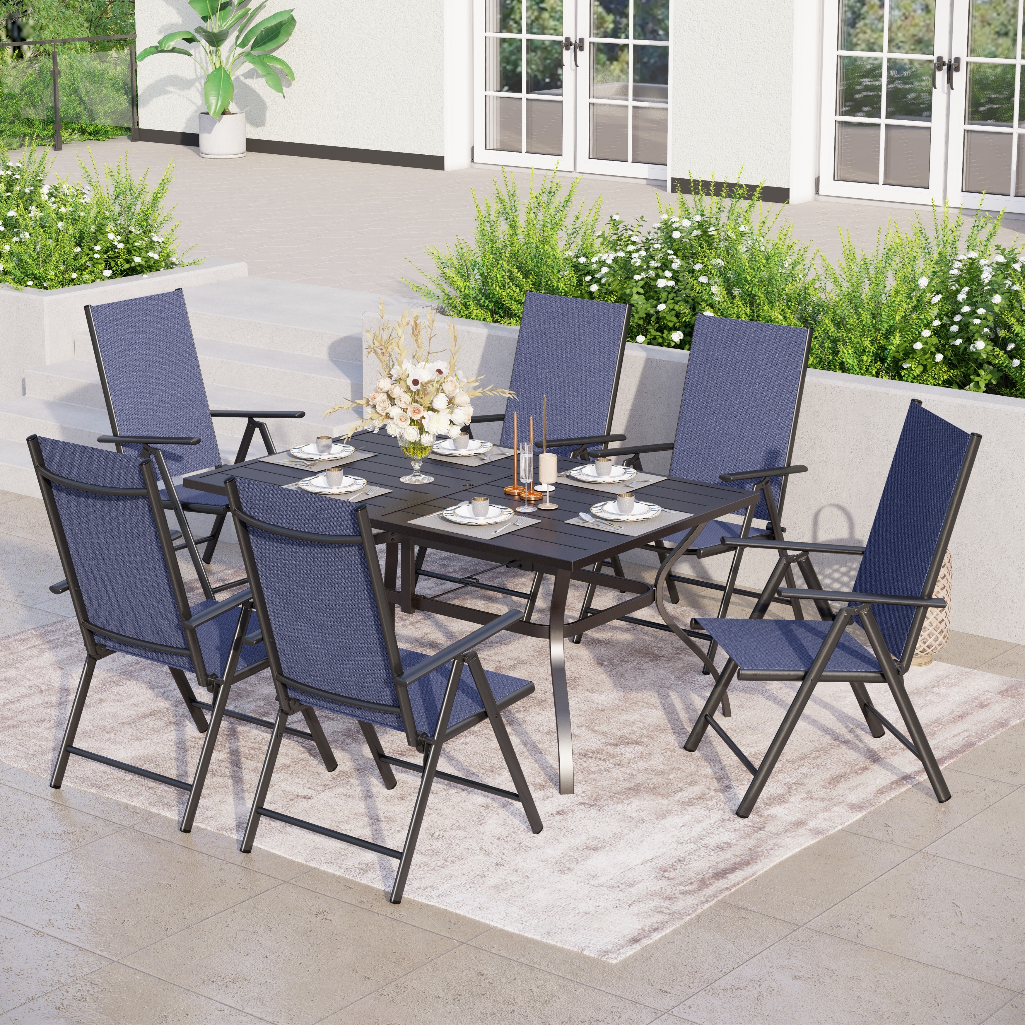 Mfstudio 7 Pieces Dining Set  6 X Reclining Folding Sling Dining Chairs And 1 X Table With An Umbrella Hole