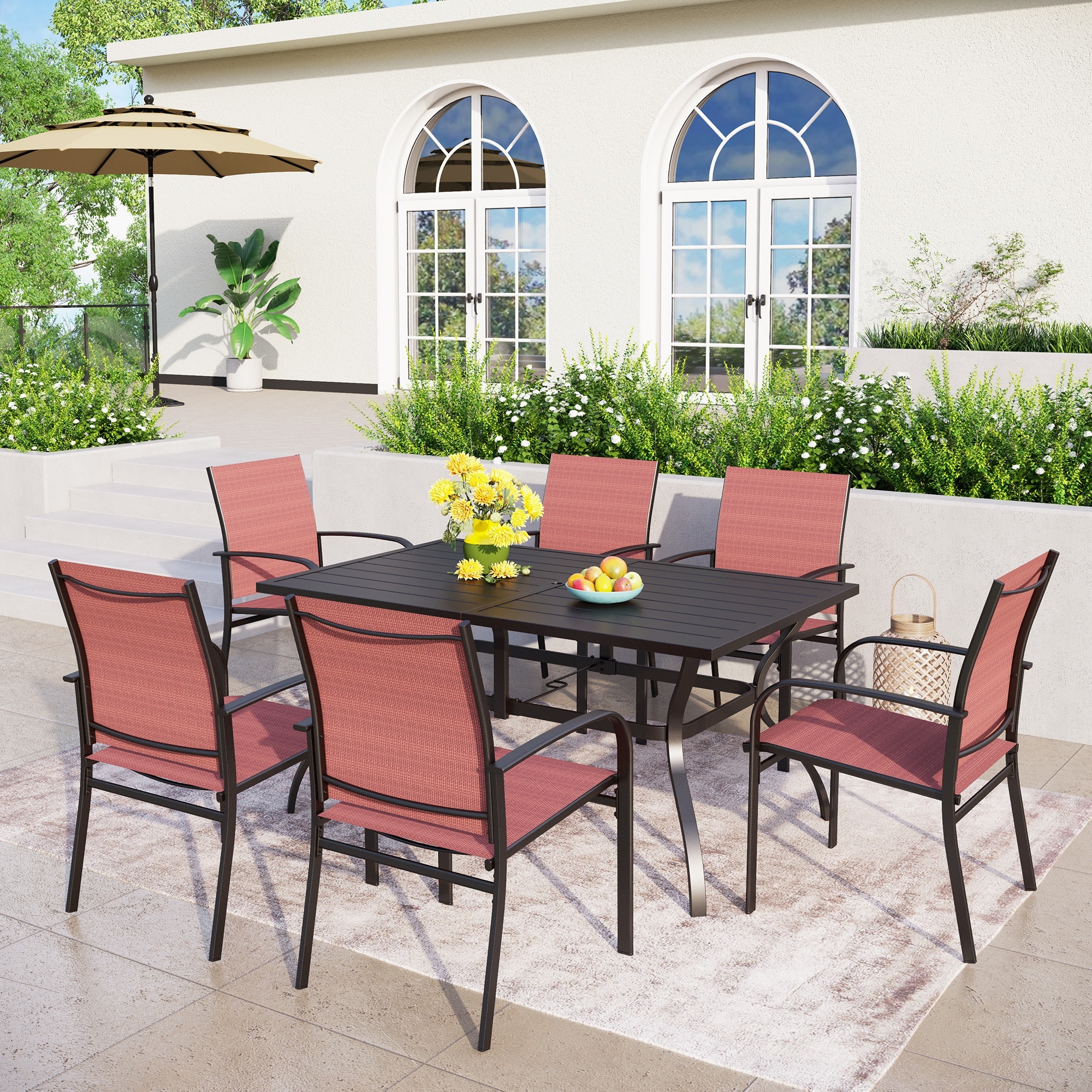 Patio Dining Set 7 Piece Metal Rectangle Table And 6 Textilene Chairs