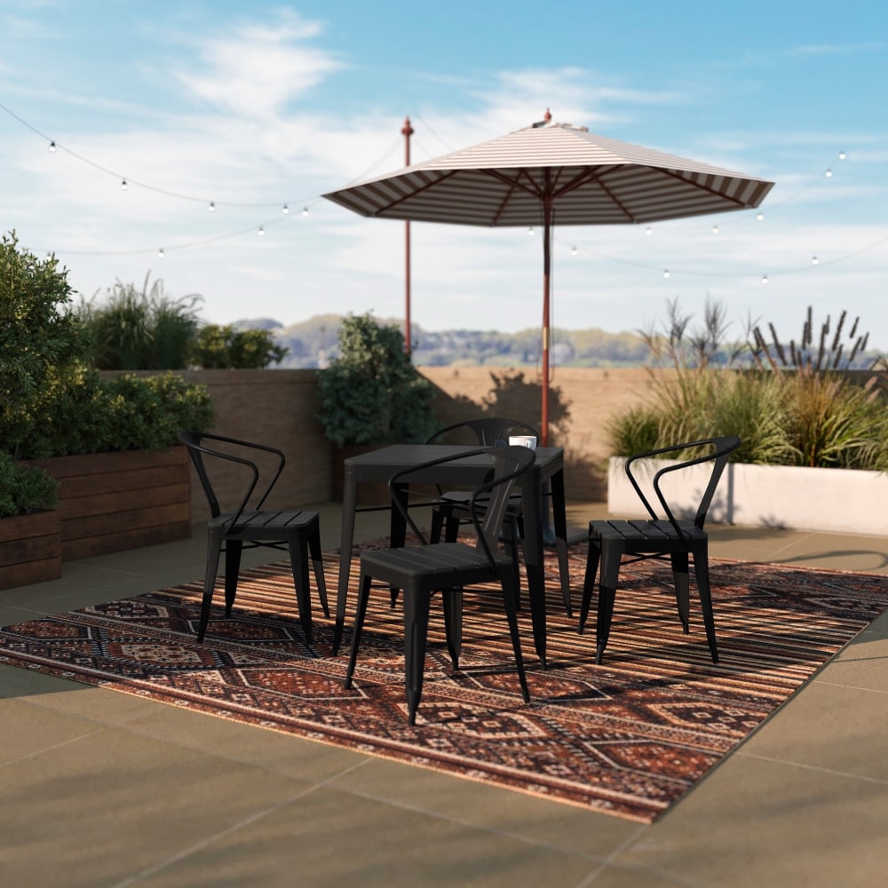 All-weather Resin Top Square Table and 4 Metal Chairs With Faux Wood Seats