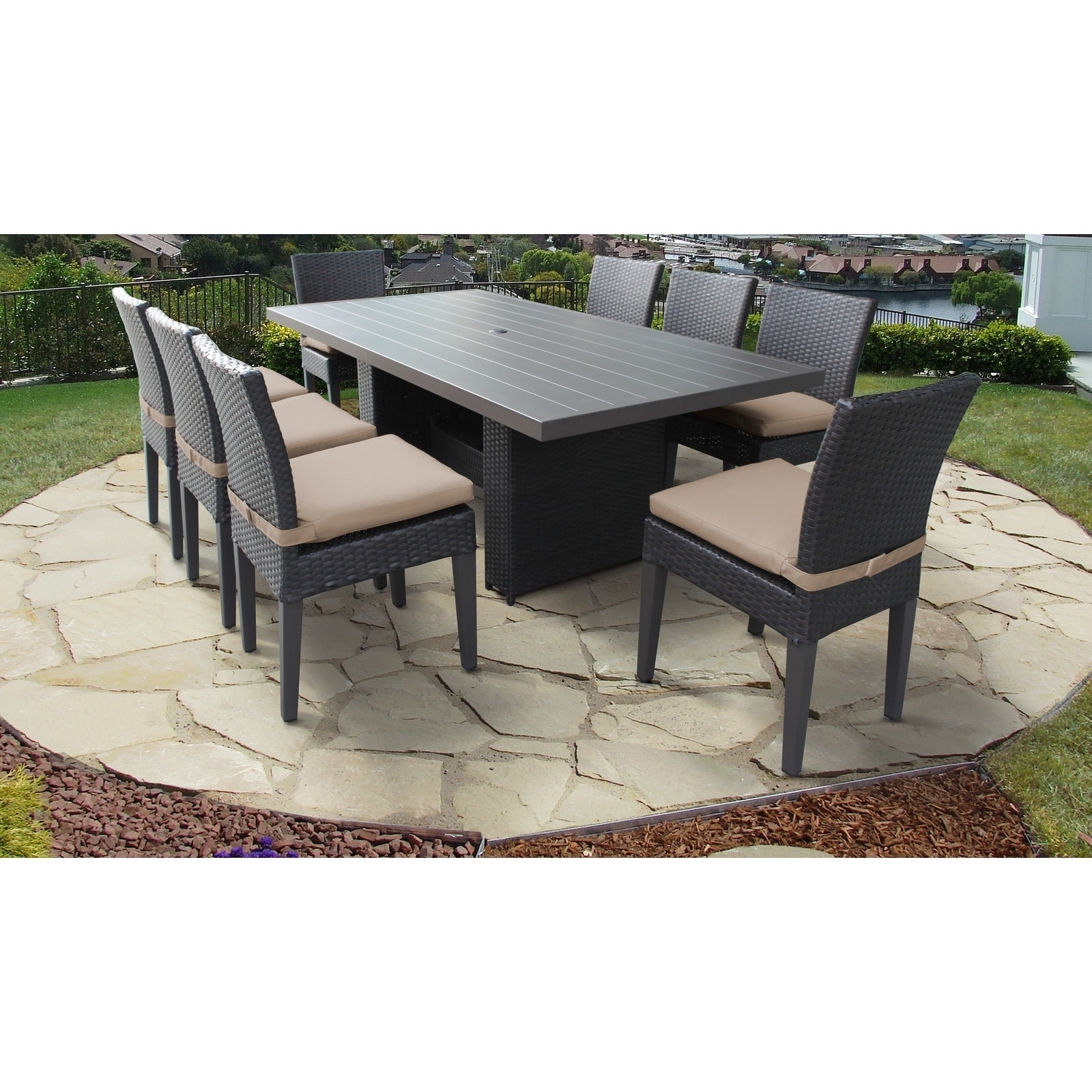 Belle Rectangular Outdoor Patio Dining Table With 8 Armless Chairs