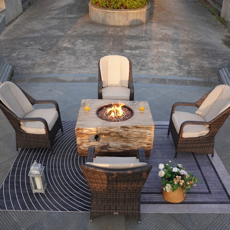 Outdoor Wood Coating Propane Fire Pit Table With Four Assembled Chairs