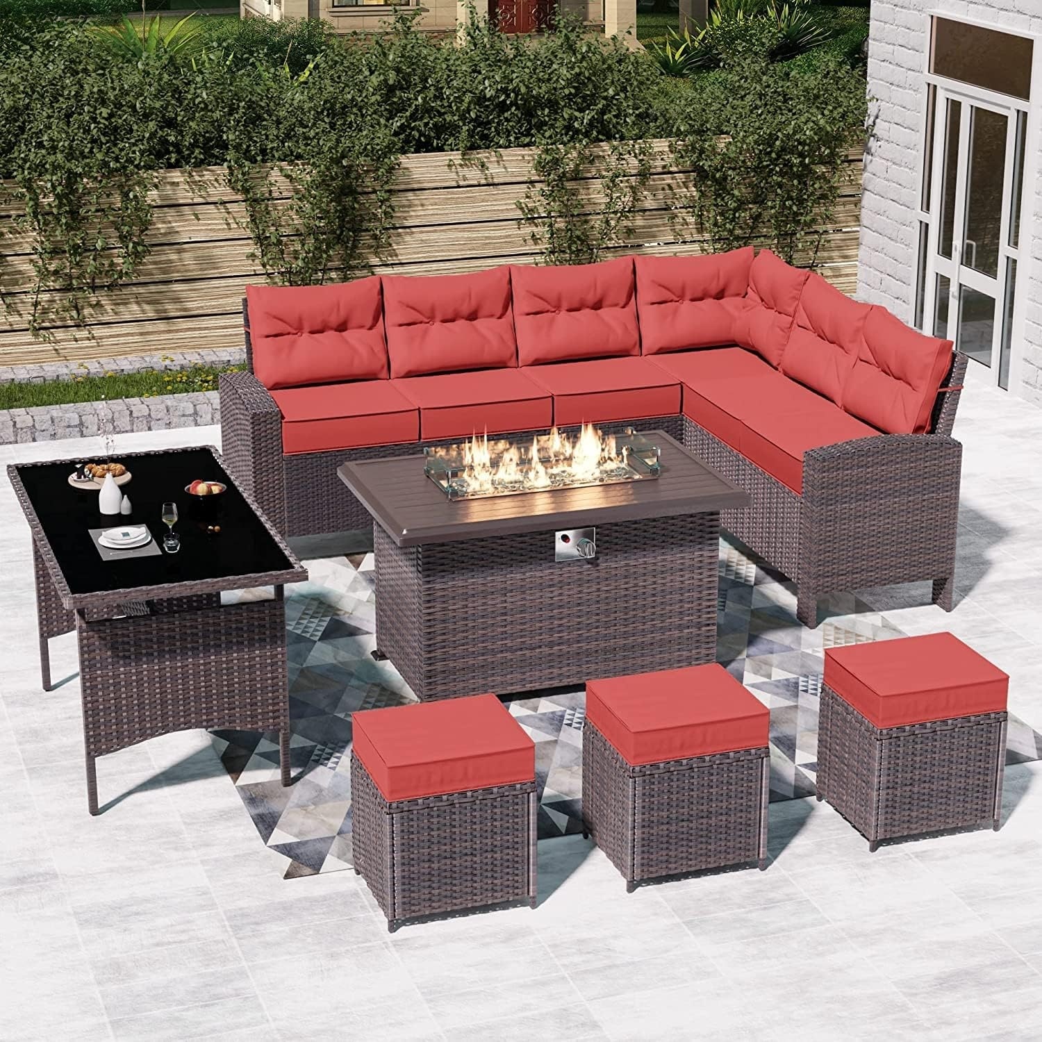 Kullavik 7 Piece Rattan Outdoor Sectional Conversation Patio Furniture Set  Wicker Sofa Dining Table With Chair  Firepit Table