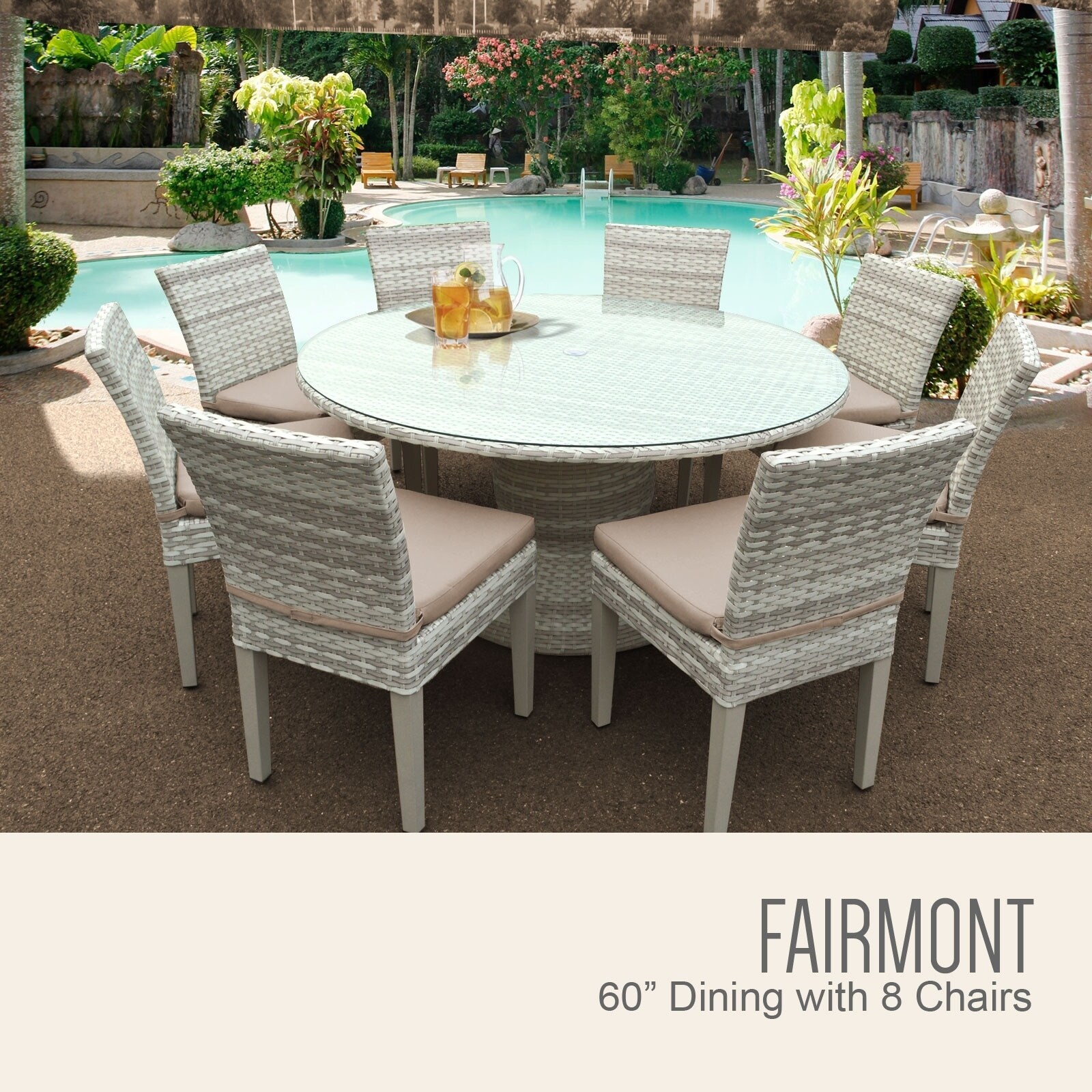 Fairmont 60 Inch Outdoor Patio Dining Table With 8 Armless Chairs