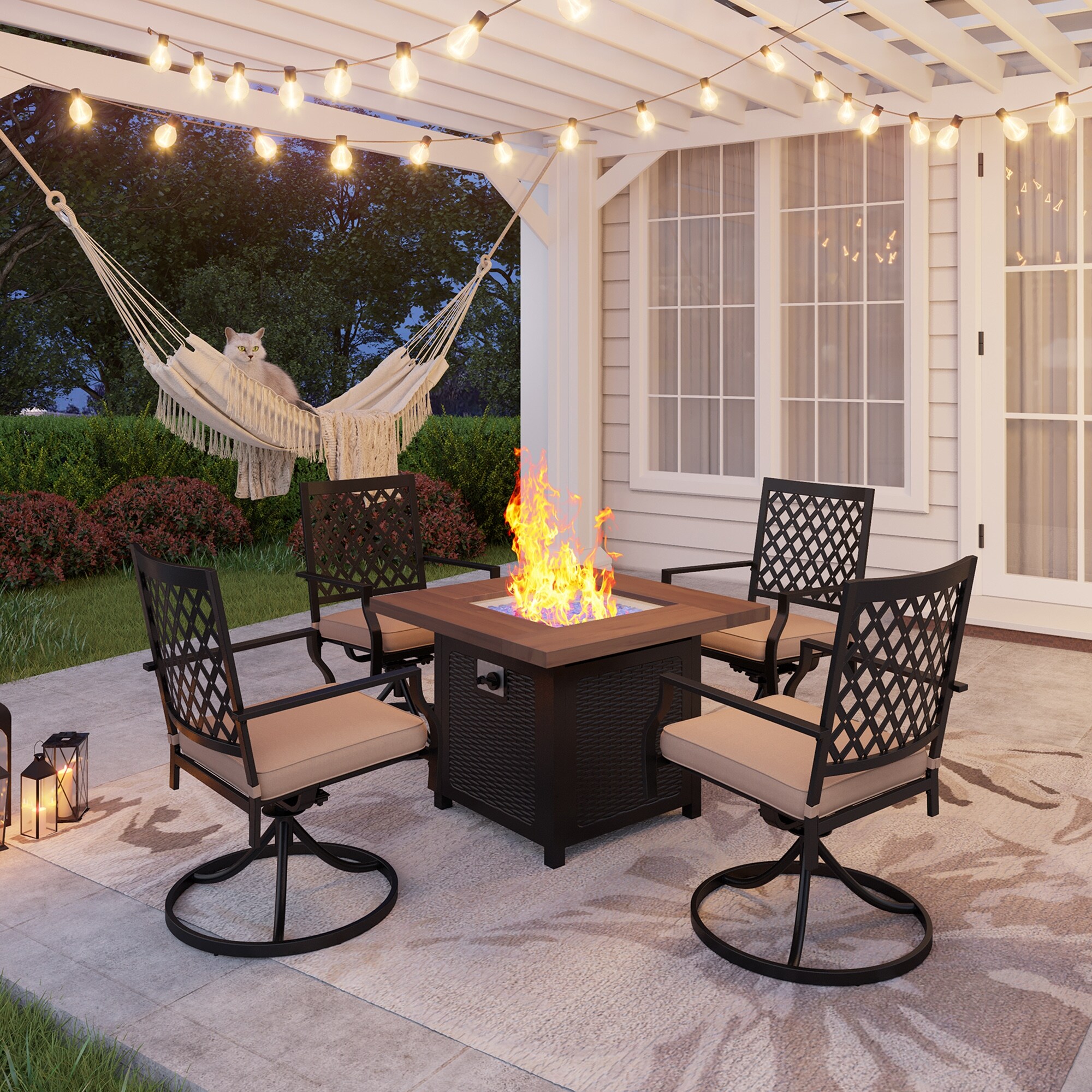 Mfstudio 5-piece Patio Furniture Propane Fire Pit Set  4 Metal Mesh Swivel Chairs And Square Fire Table