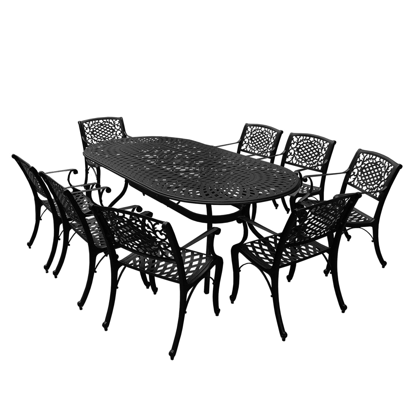 Outdoor Lattice 95-inch Bronze Oval Dining Set With Eight Arm Chairs