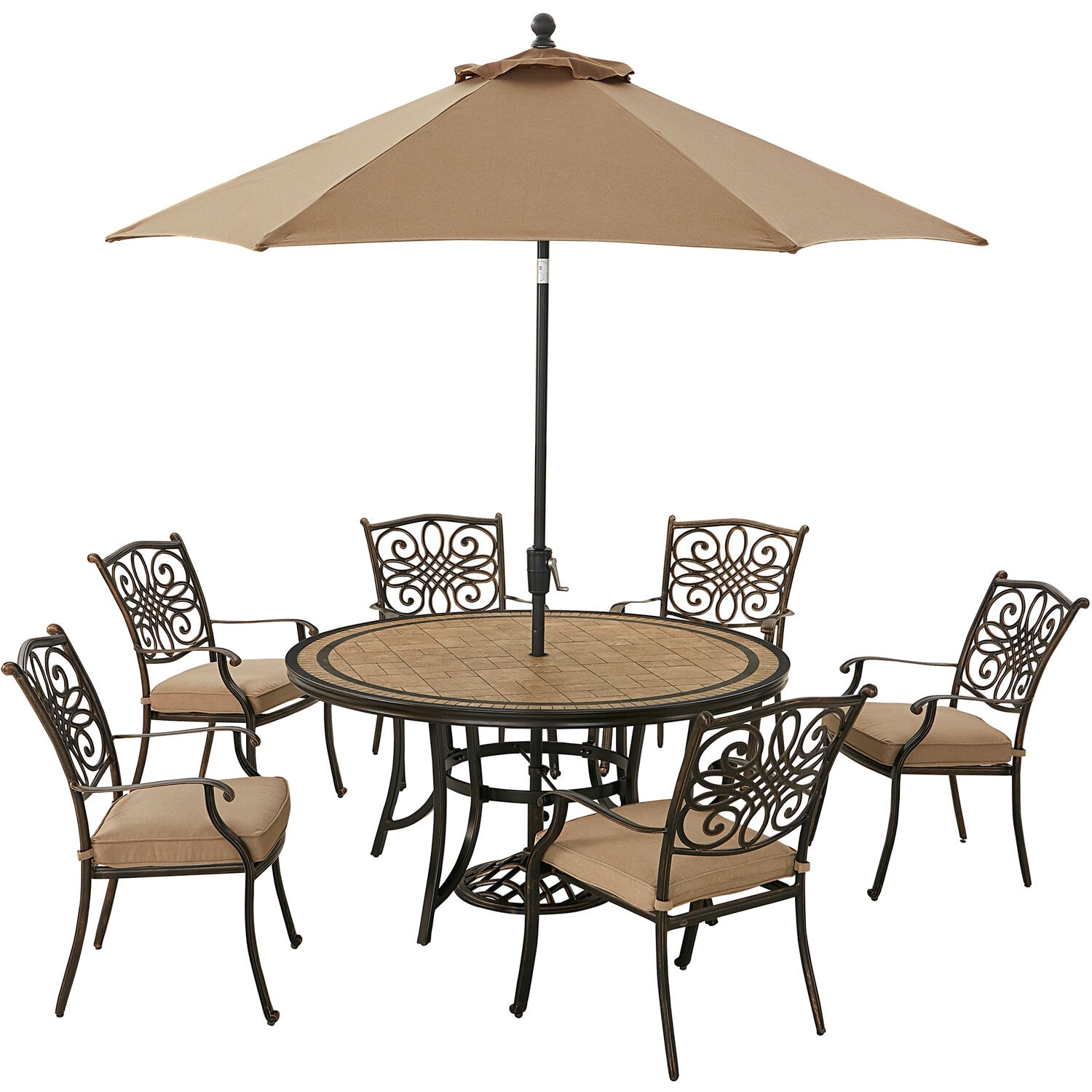Hanover Monaco 7-piece Dining Set In Tan With Six Dining Chairs  60-in. Tile-top Table And 9-ft. Umbrella