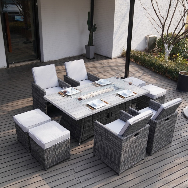 9-piece Patio Aluminium Firepit Table With Chairs And Ottomans