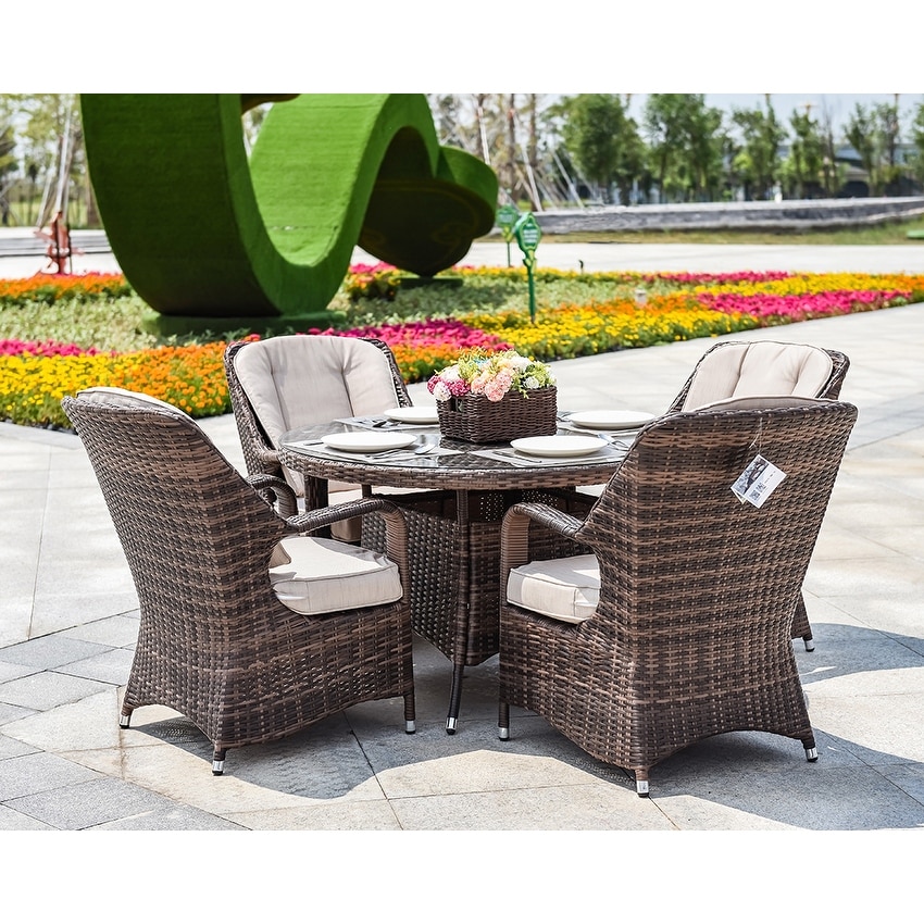 Moda 5-piece Patio Wicker Round Dining Table Set With Cushions
