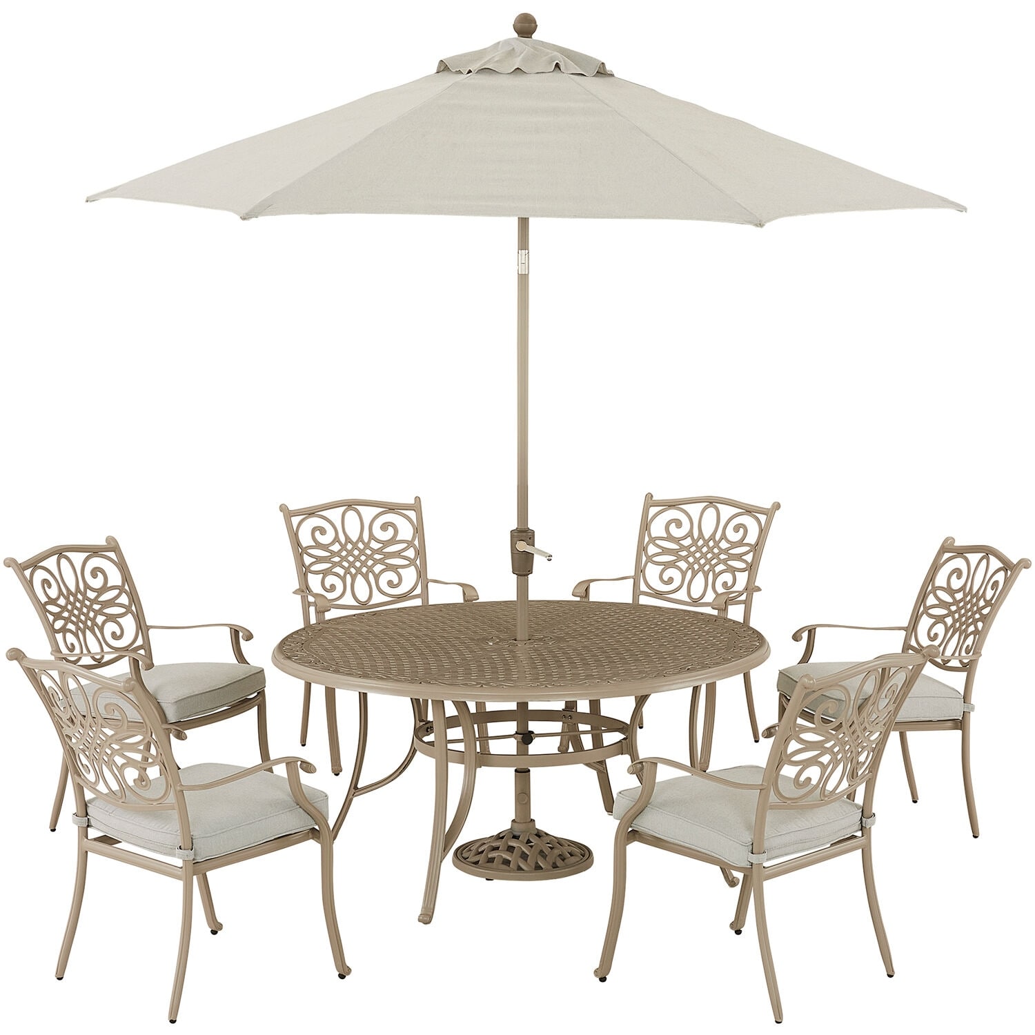 Hanover Traditions 7-piece Dining Set With 6 Stationary Chairs And 60-in. Table  9-ft. Umbrella  And Stand  Sand Finish